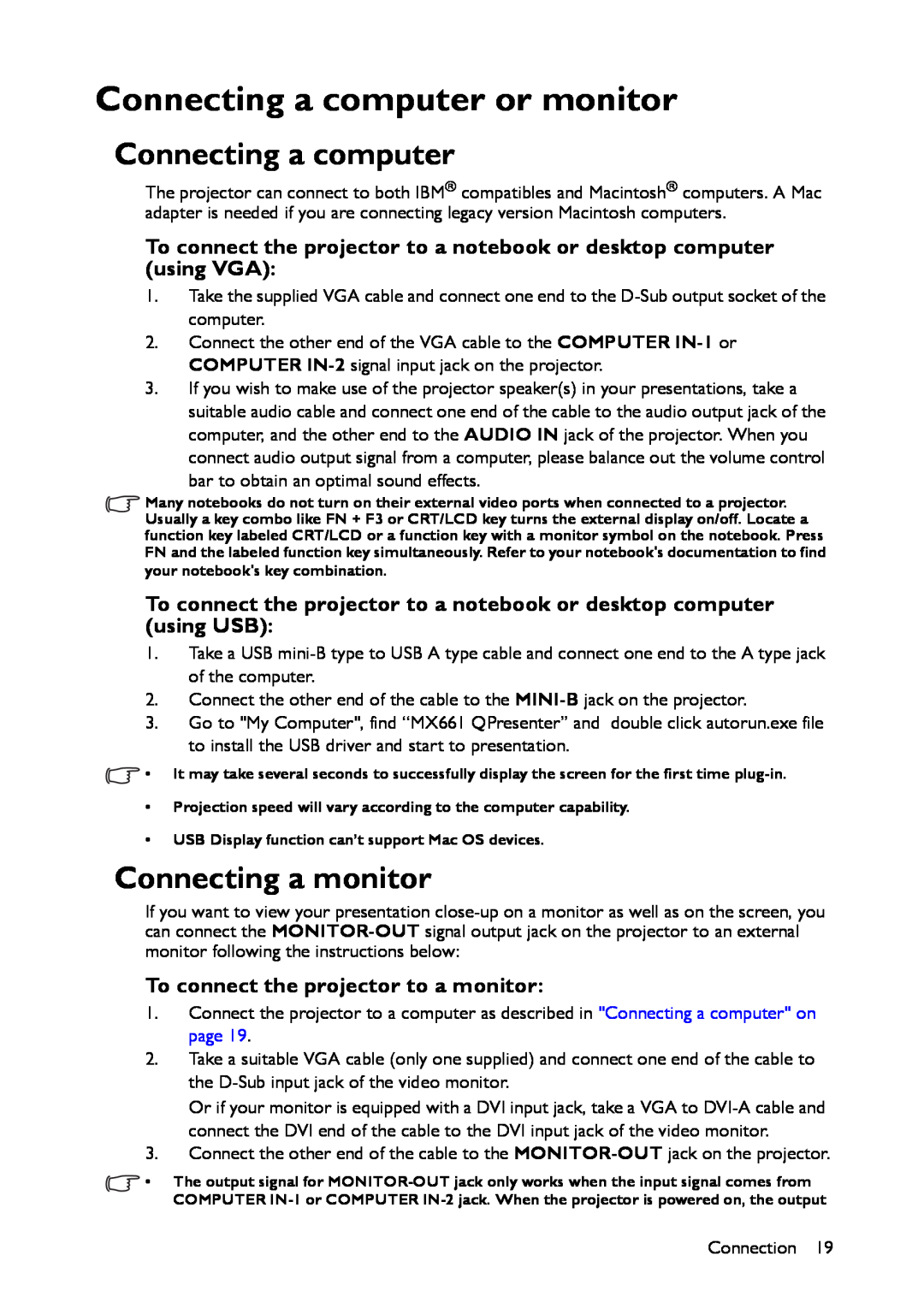 BenQ MX661 user manual Connecting a computer or monitor, Connecting a monitor, To connect the projector to a monitor 
