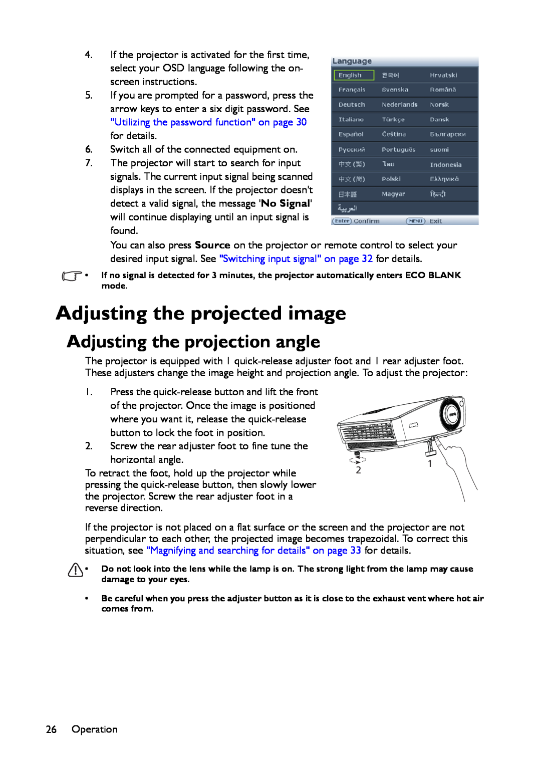 BenQ MX661 user manual Adjusting the projected image, Adjusting the projection angle 