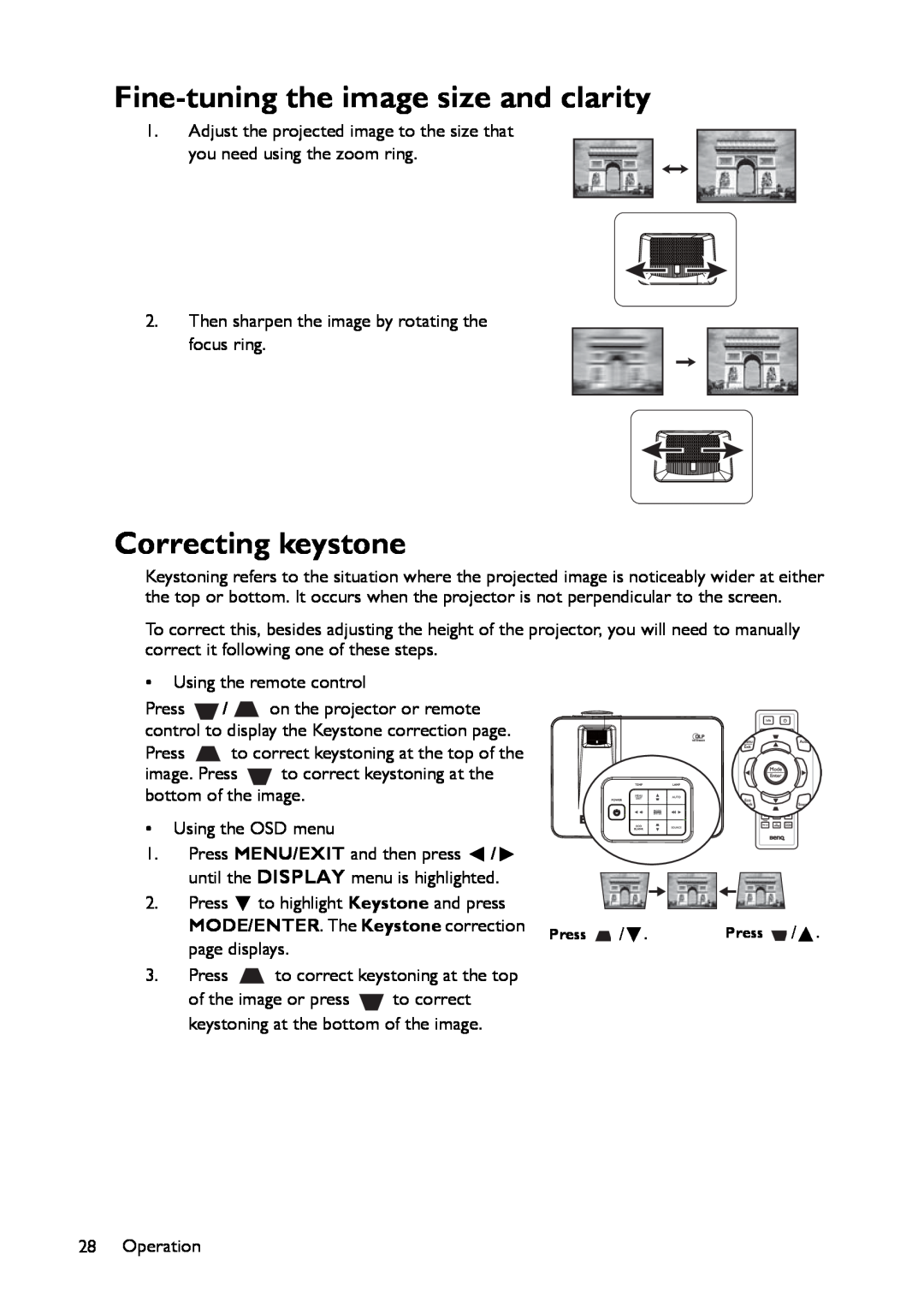 BenQ MX661 user manual Fine-tuning the image size and clarity, Correcting keystone, MODE/ENTER . The Keystone correction 