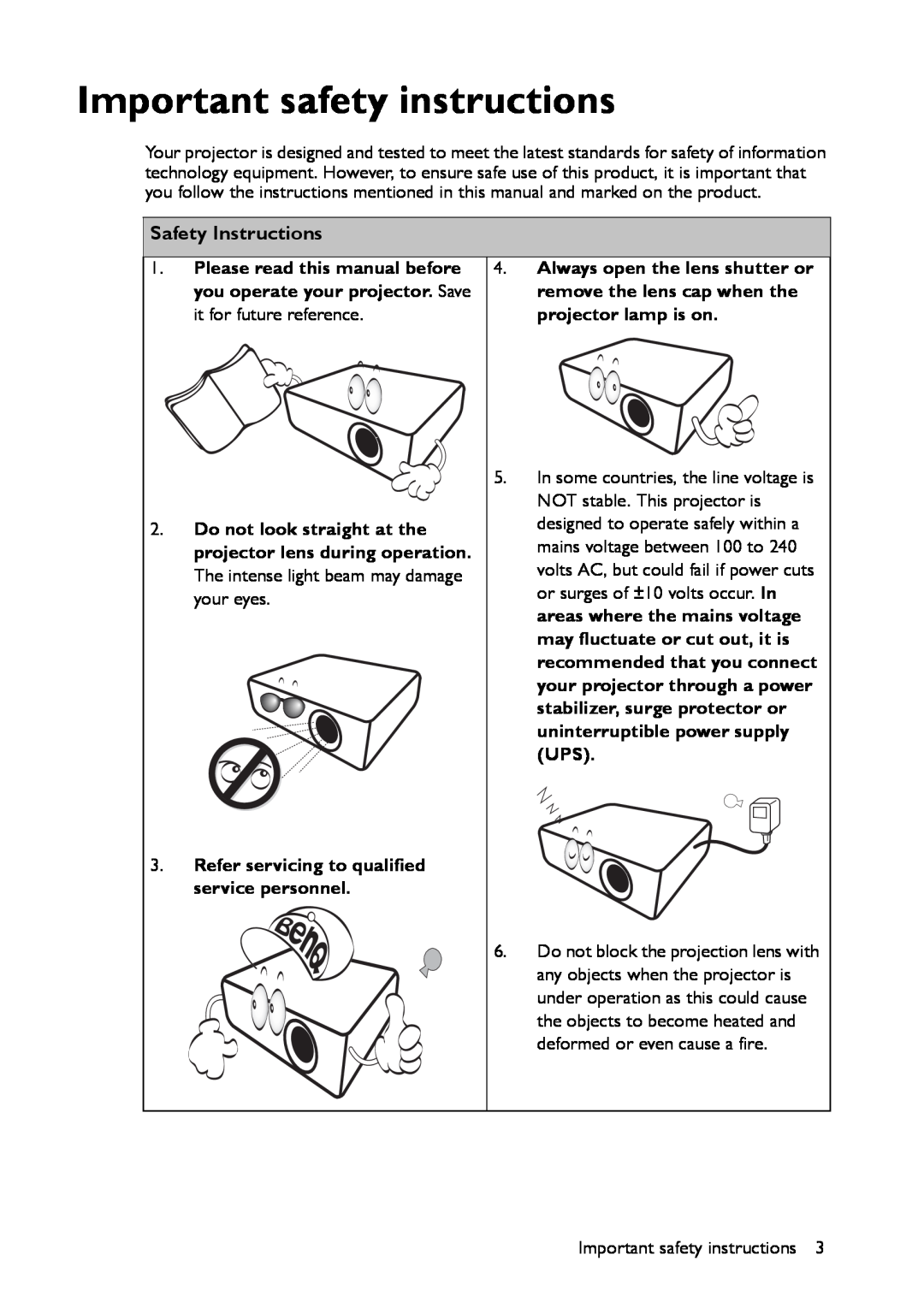 BenQ MX661 user manual Important safety instructions, Safety Instructions 
