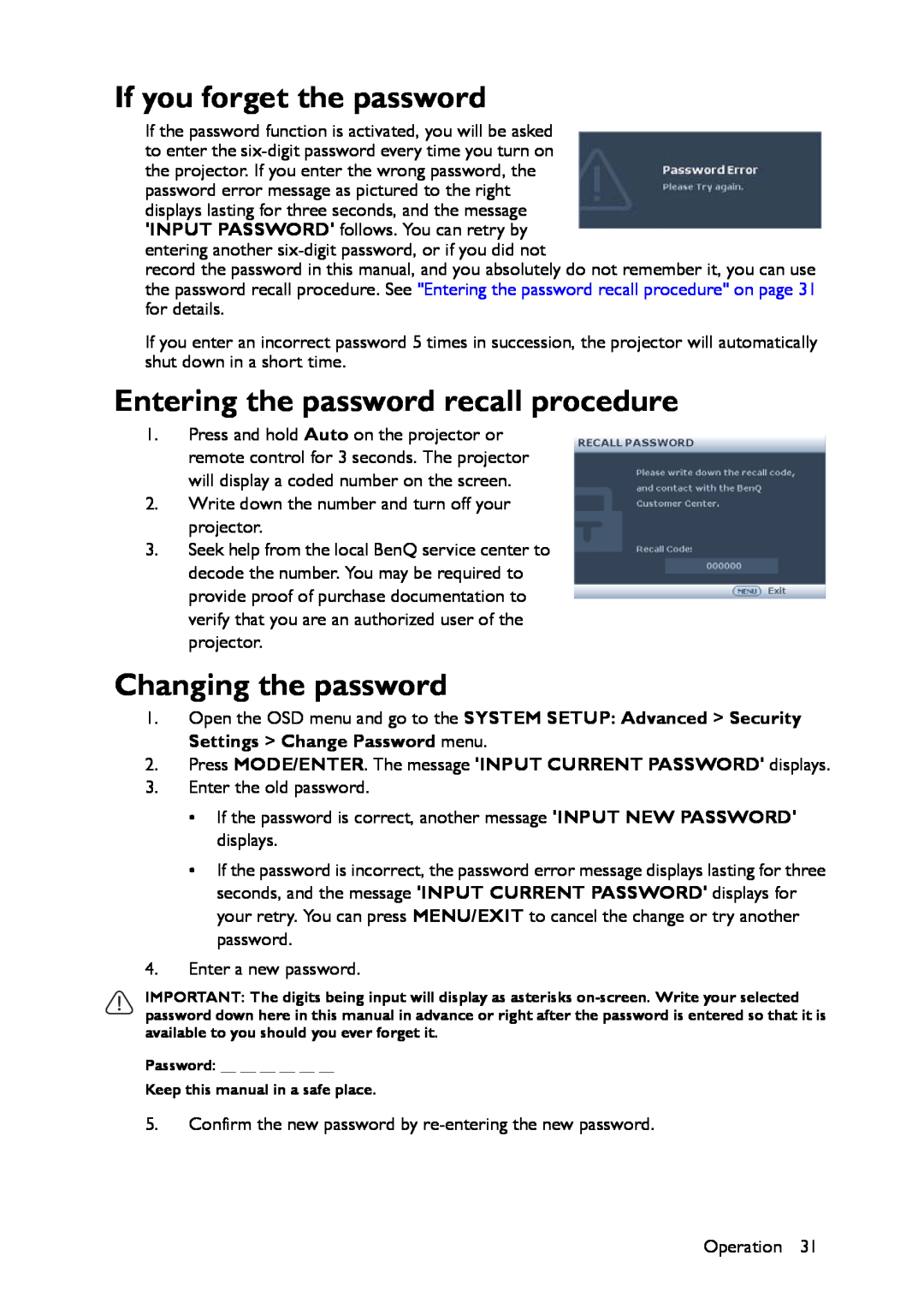BenQ MX661 user manual If you forget the password, Entering the password recall procedure, Changing the password 