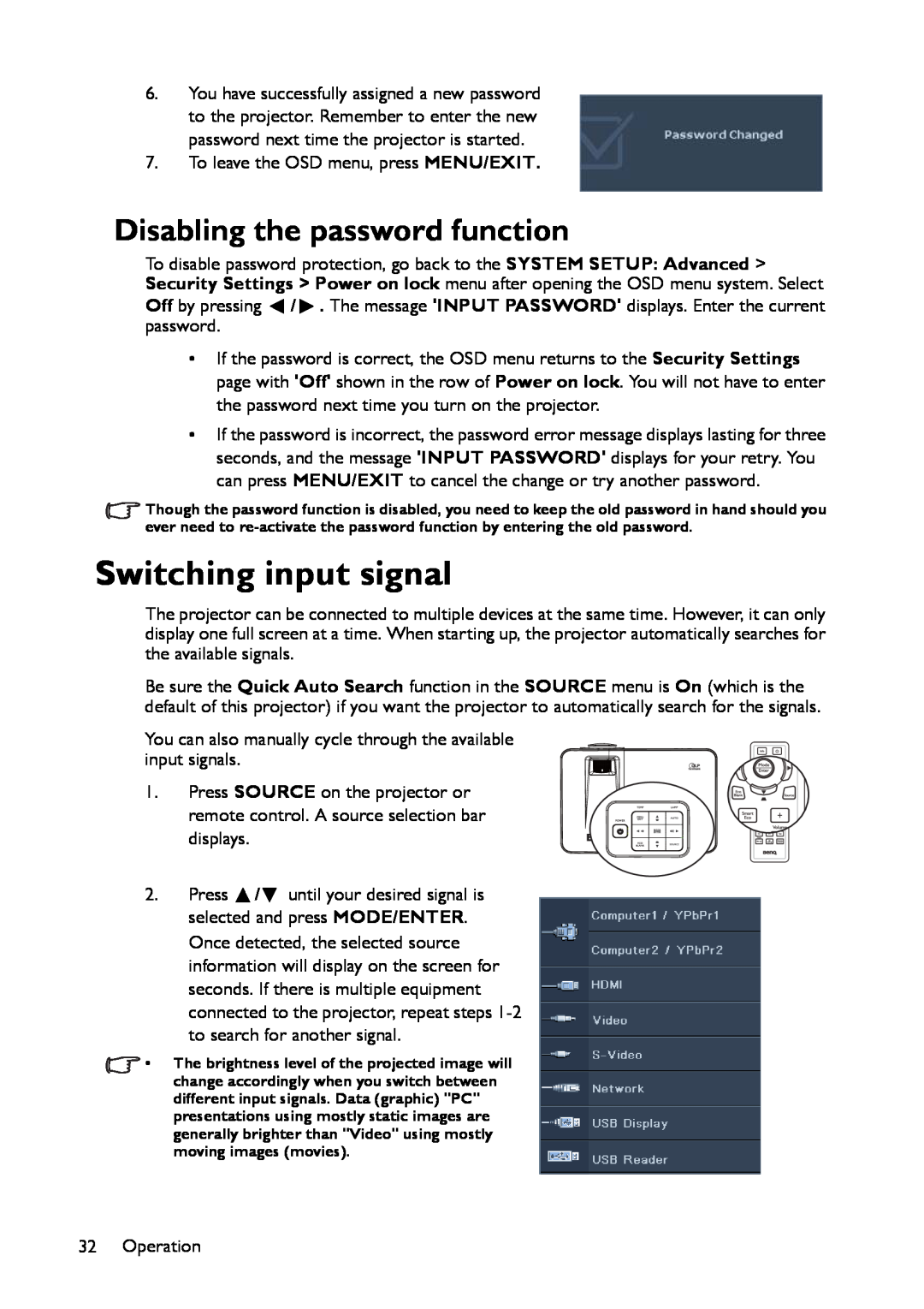 BenQ MX661 user manual Switching input signal, Disabling the password function 