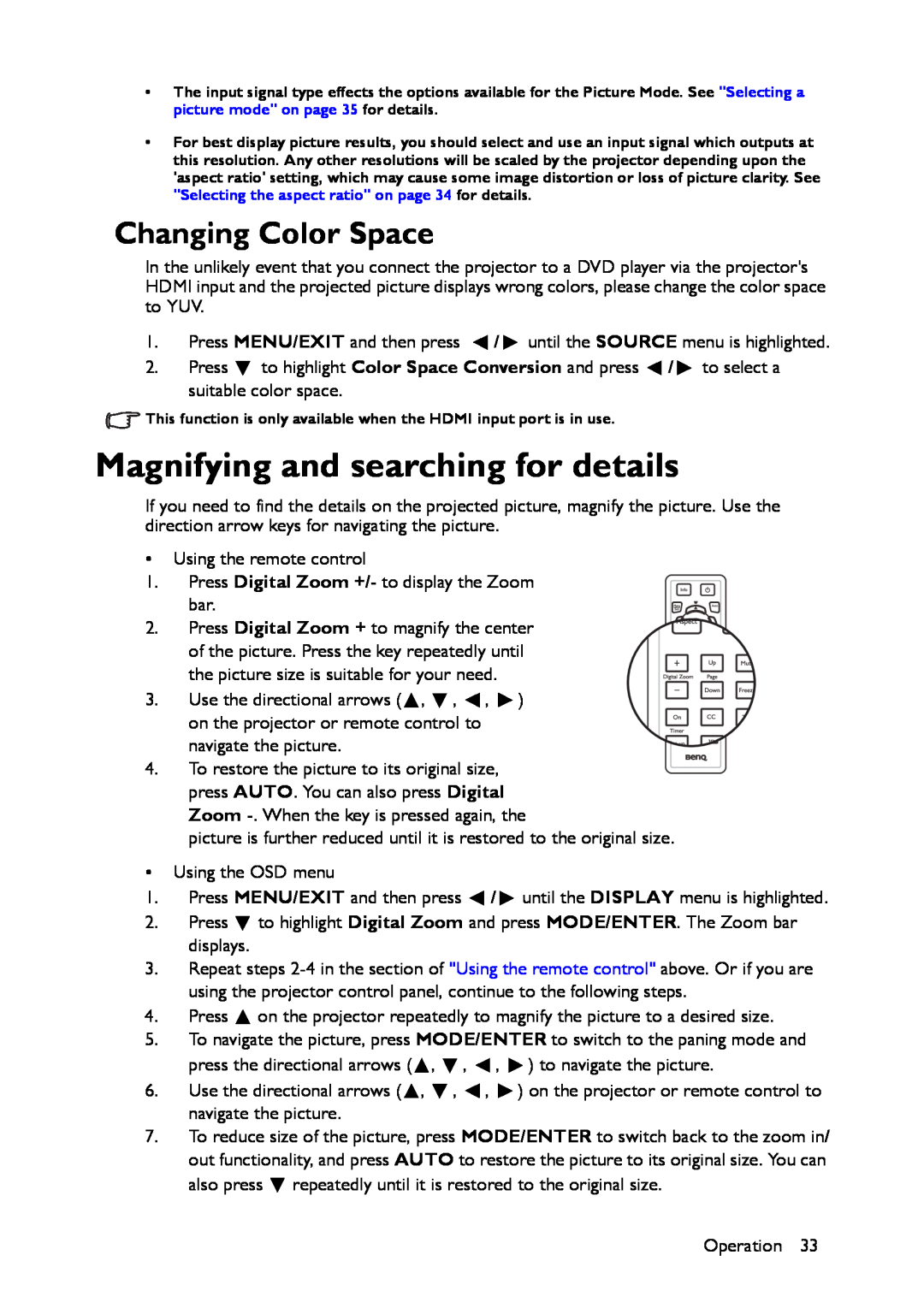 BenQ MX661 user manual Magnifying and searching for details, Changing Color Space 