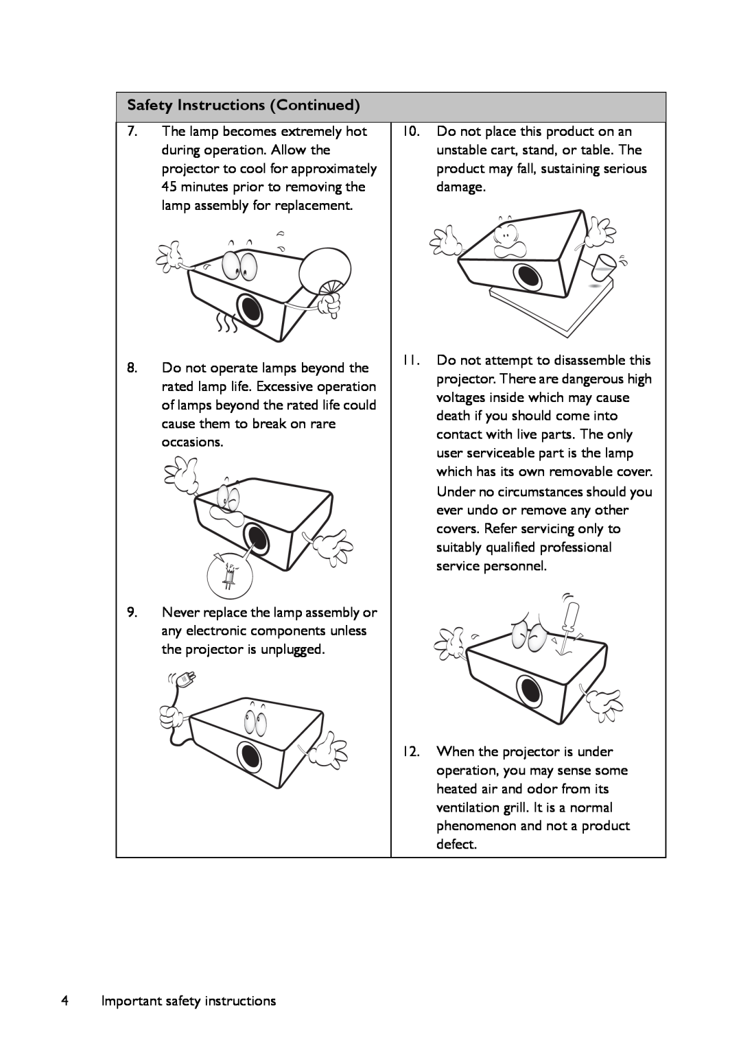 BenQ MX661 user manual Safety Instructions Continued 