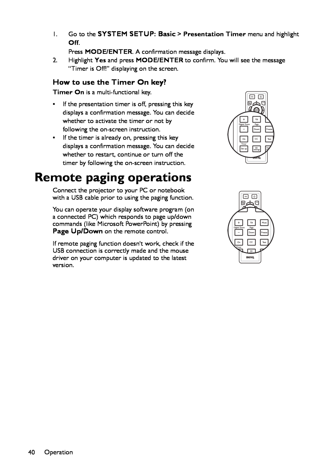 BenQ MX661 user manual Remote paging operations, How to use the Timer On key? 