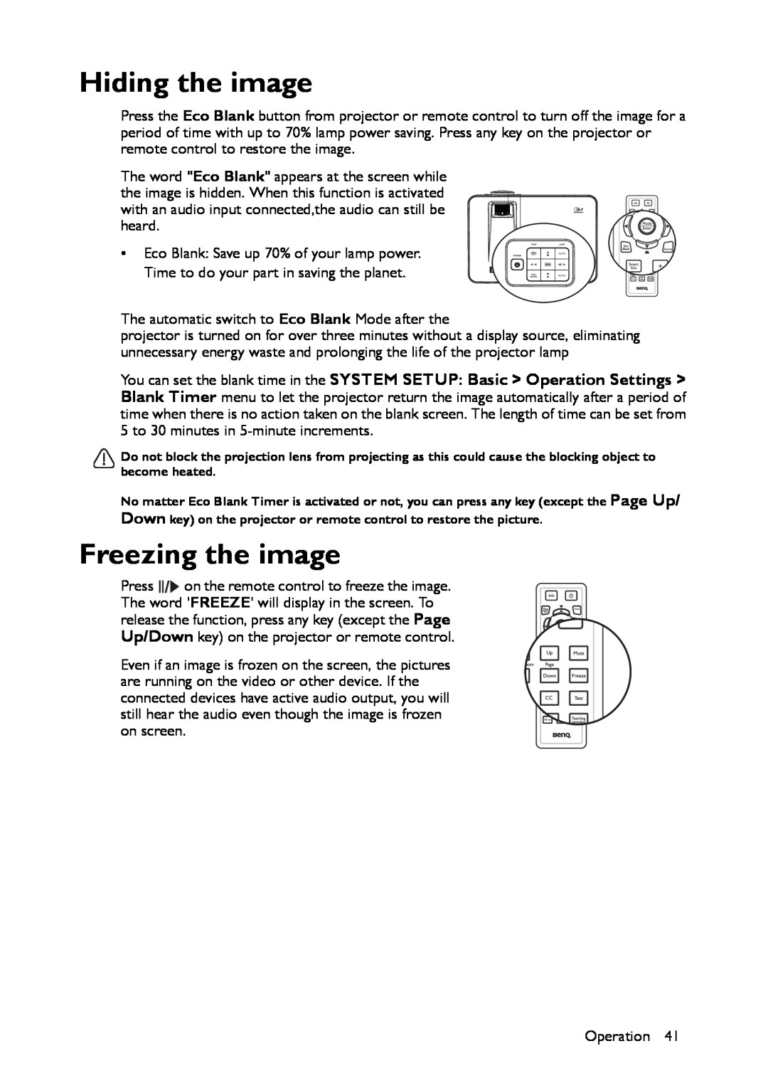 BenQ MX661 user manual Hiding the image, Freezing the image 