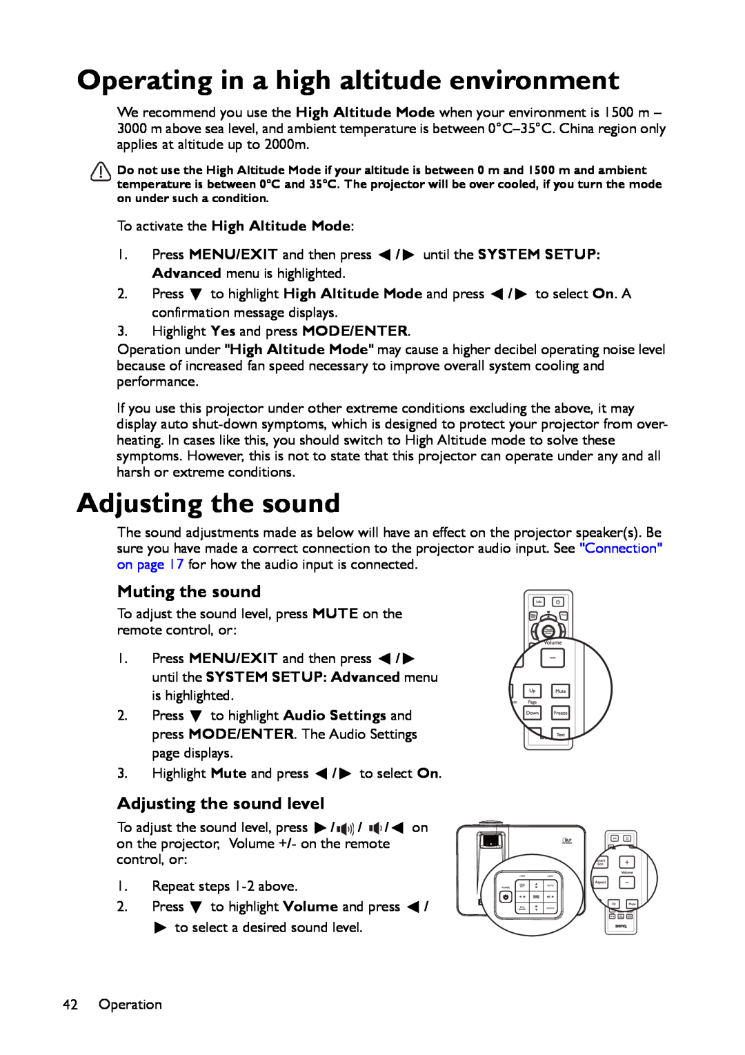 BenQ MX661 user manual Operating in a high altitude environment, Muting the sound, Adjusting the sound level 