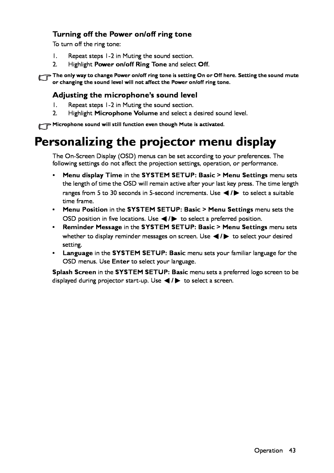 BenQ MX661 user manual Personalizing the projector menu display, Turning off the Power on/off ring tone 