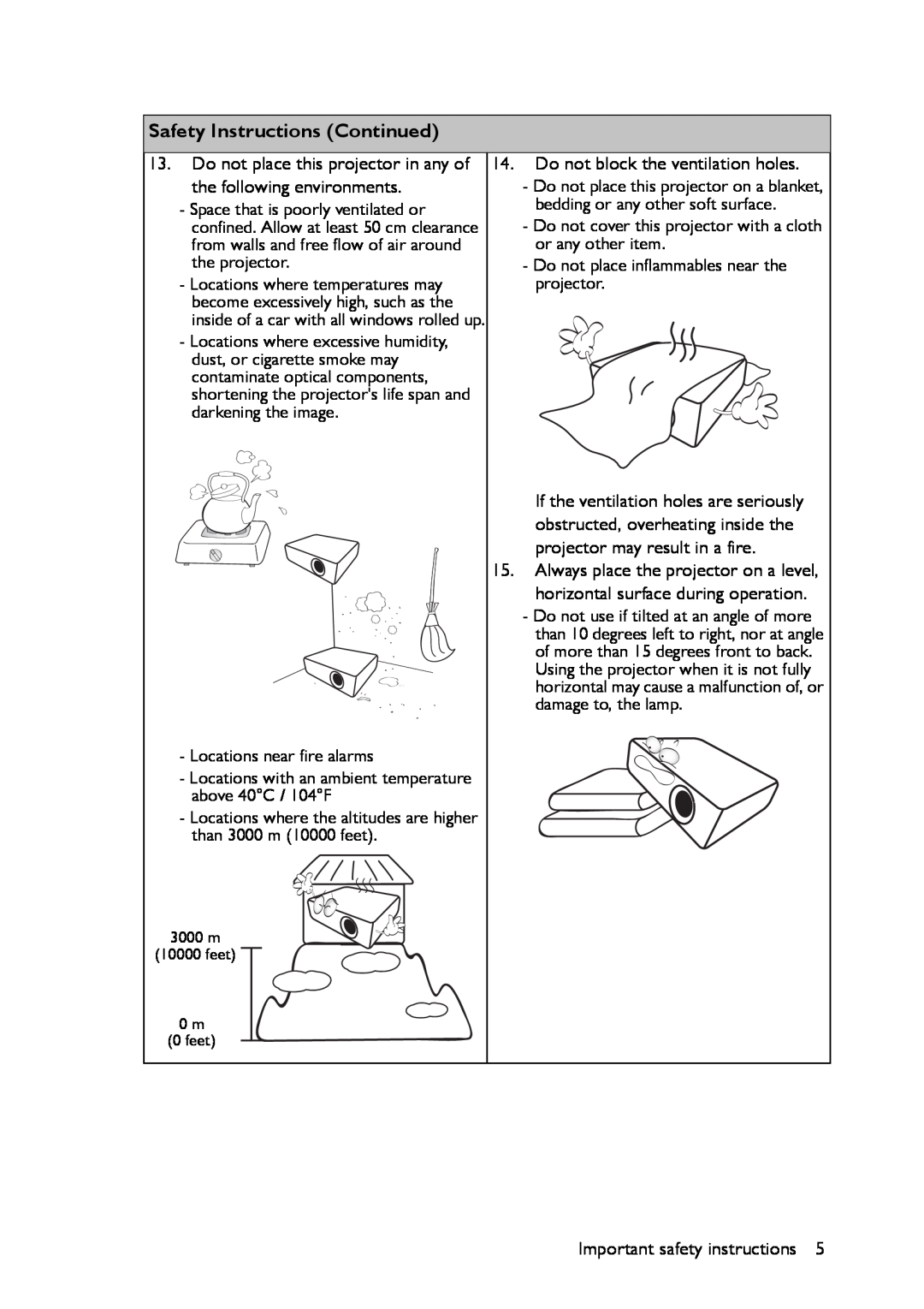 BenQ MX661 user manual Safety Instructions Continued, 3000 m 10000 feet 0 m 0 feet 