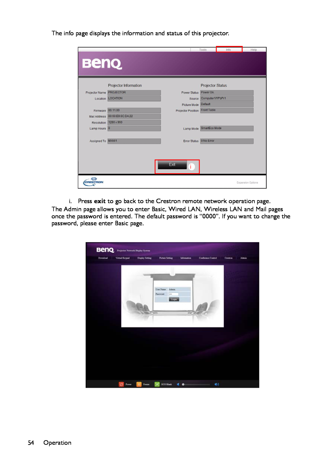 BenQ MX661 user manual The info page displays the information and status of this projector, Operation 