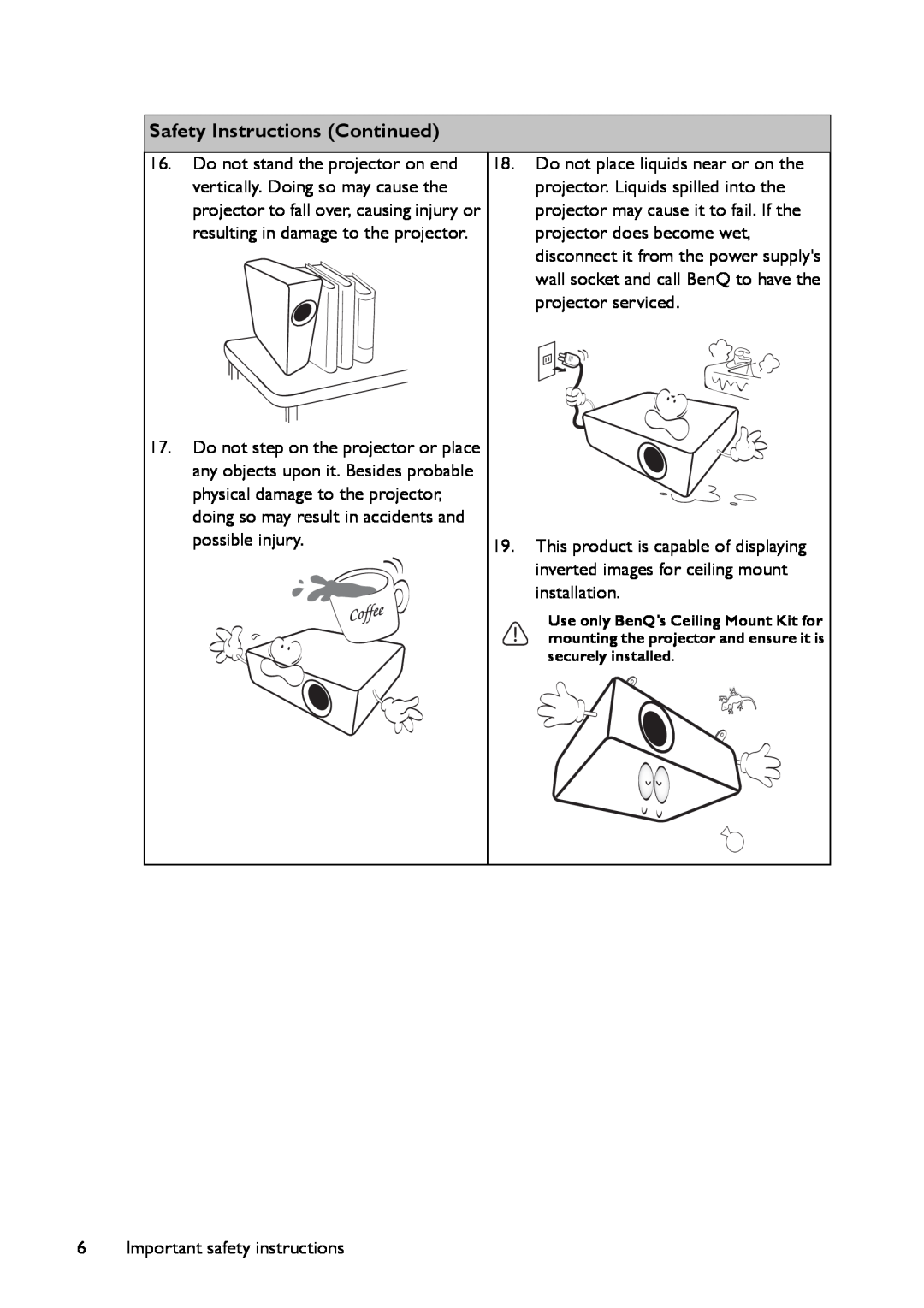 BenQ MX661 user manual Safety Instructions Continued, Important safety instructions 