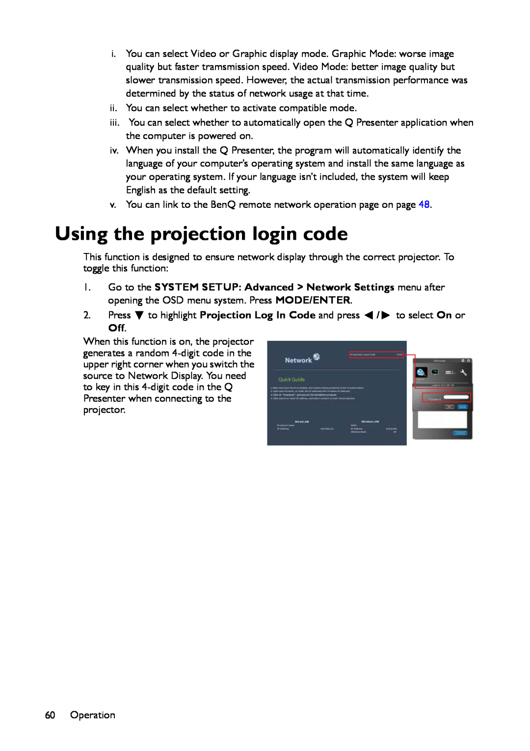 BenQ MX661 user manual Using the projection login code 