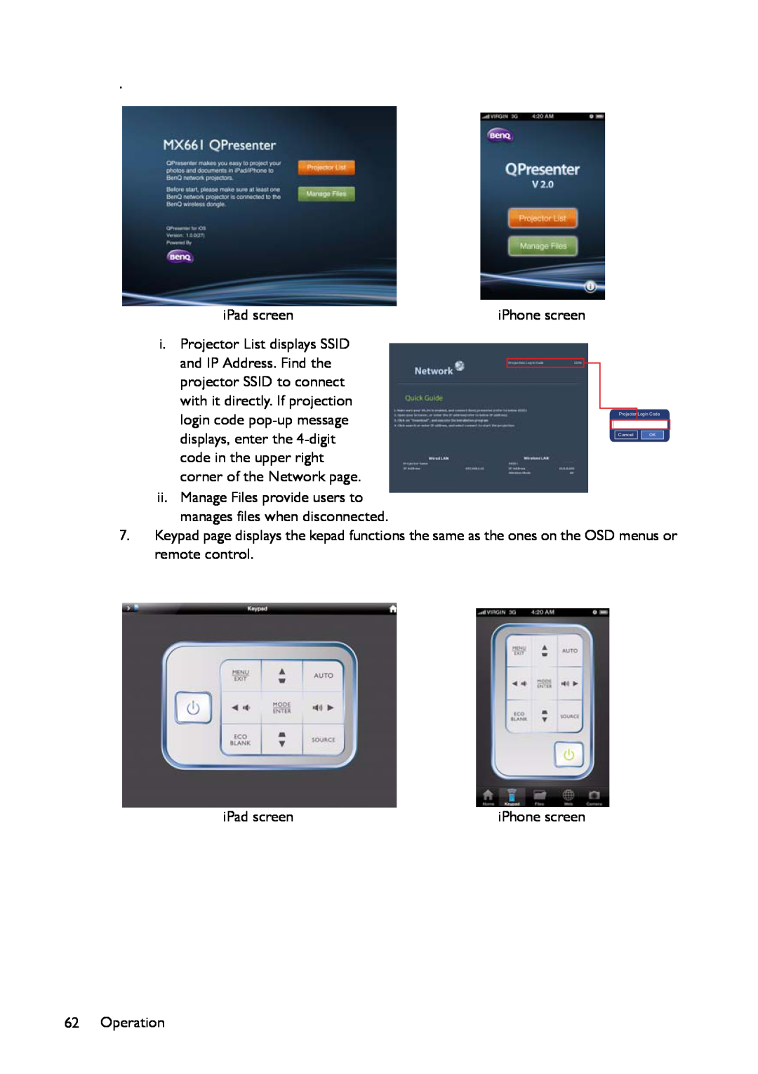 BenQ MX661 user manual ii. Manage Files provide users to manages files when disconnected, iPhone screen 