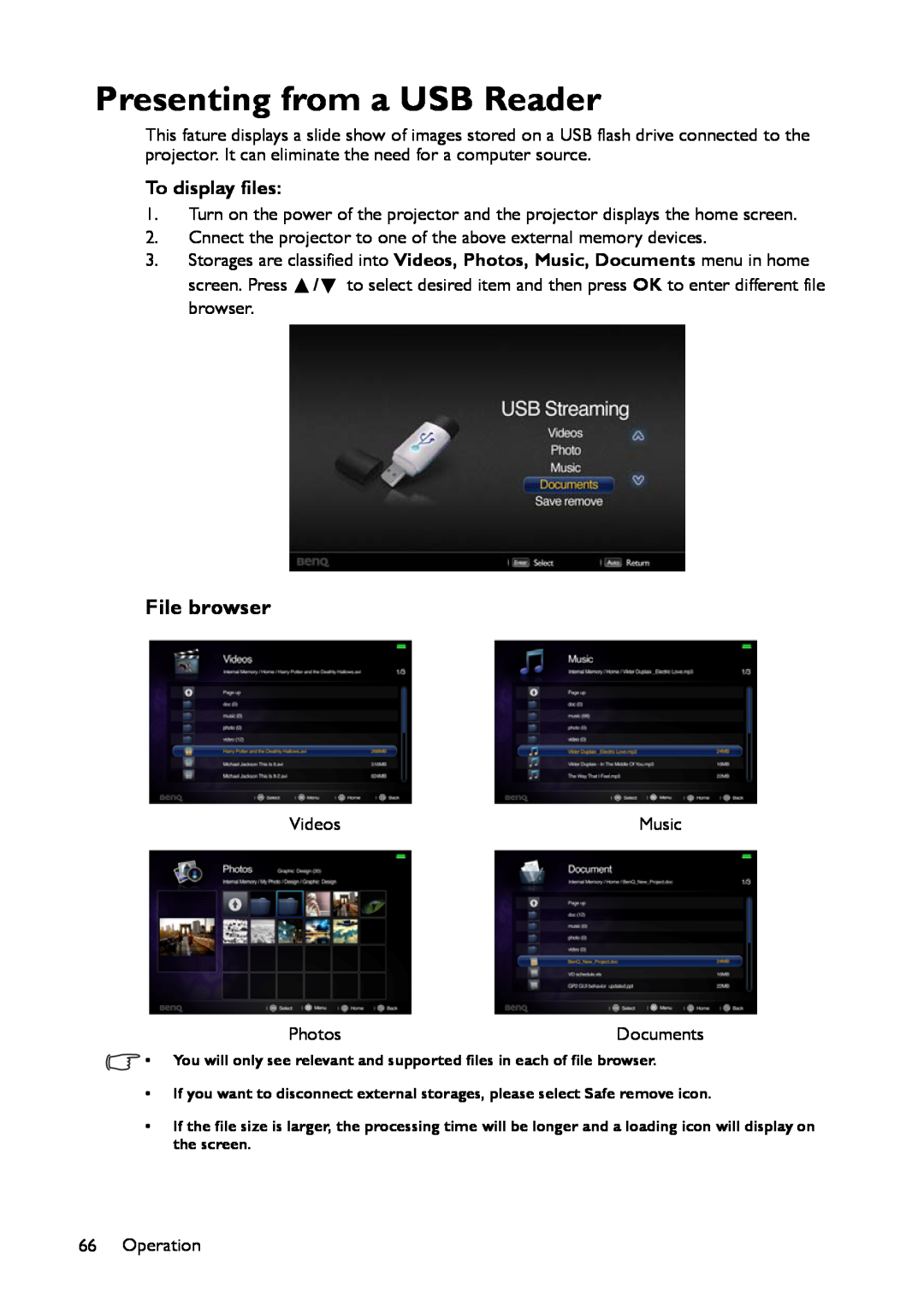BenQ MX661 user manual Presenting from a USB Reader, File browser, To display files 