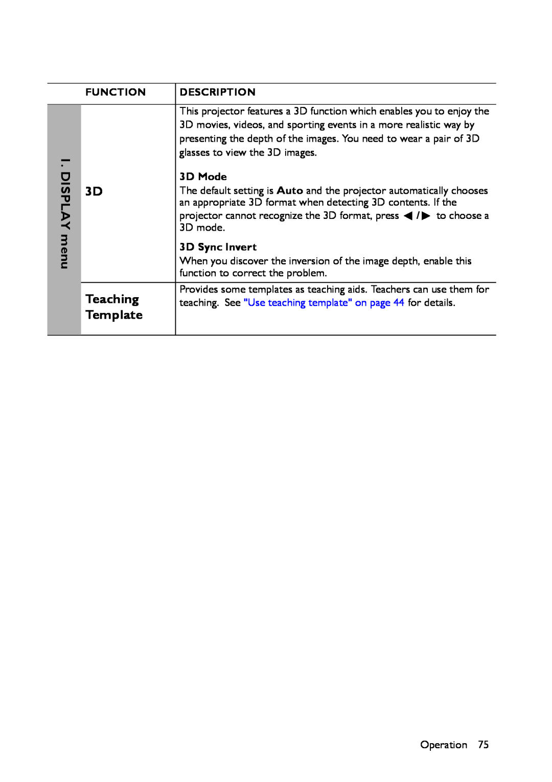 BenQ MX661 user manual Teaching, Template, DISPLAY menu, teaching. See Use teaching template on page 44 for details 