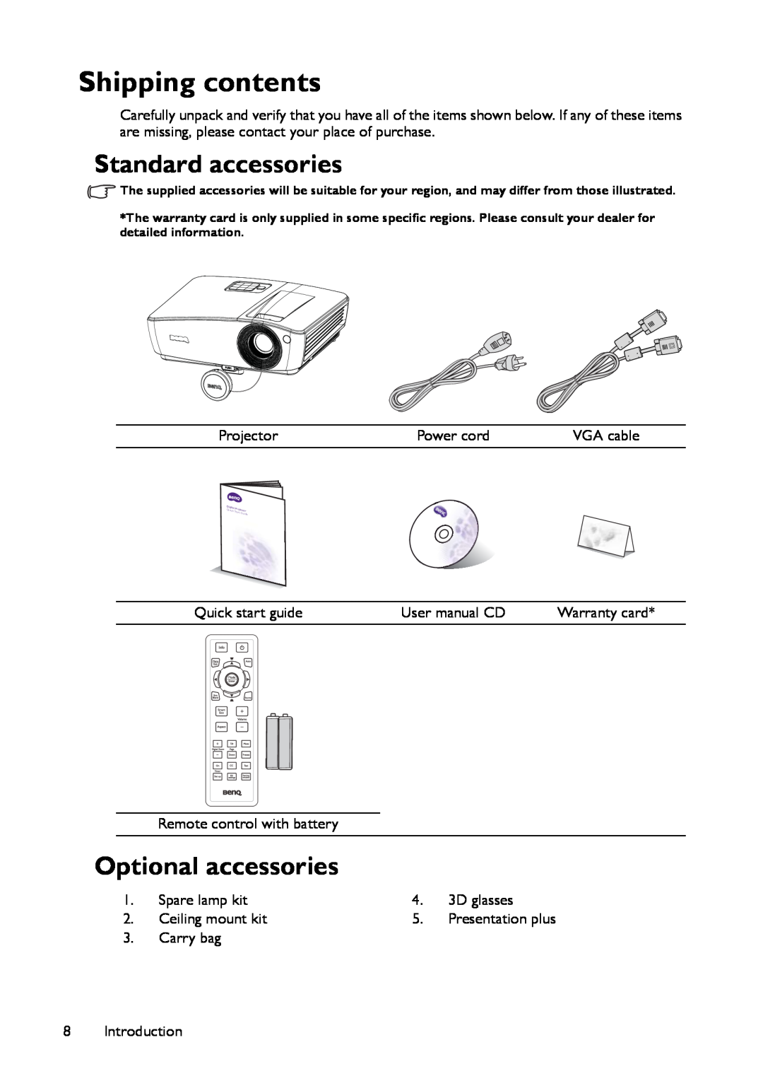BenQ MX661 user manual Shipping contents, Standard accessories, Optional accessories 