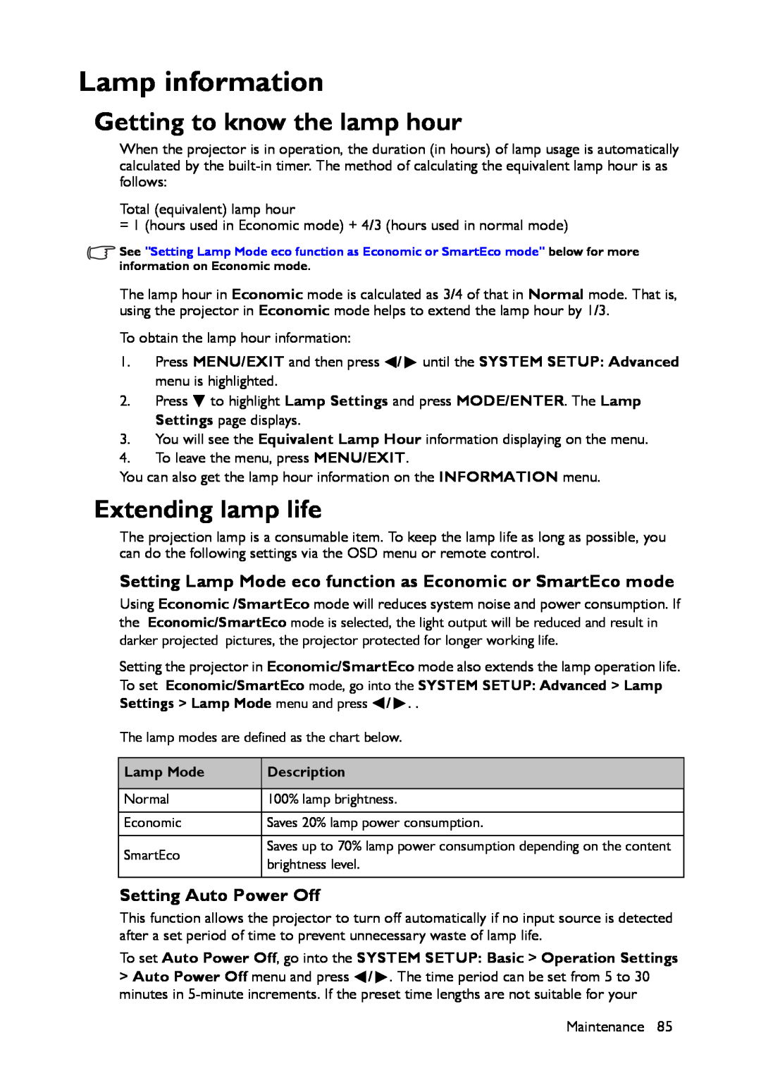 BenQ MX661 user manual Lamp information, Getting to know the lamp hour, Extending lamp life, Setting Auto Power Off 