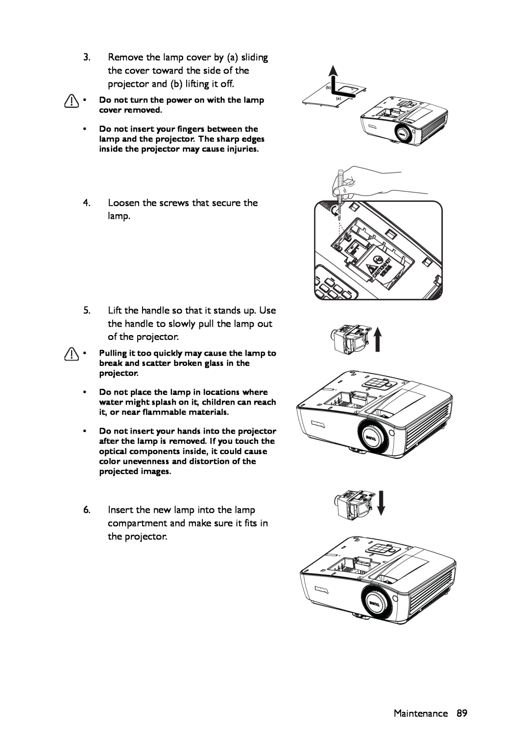 BenQ MX661 user manual Do not turn the power on with the lamp cover removed 