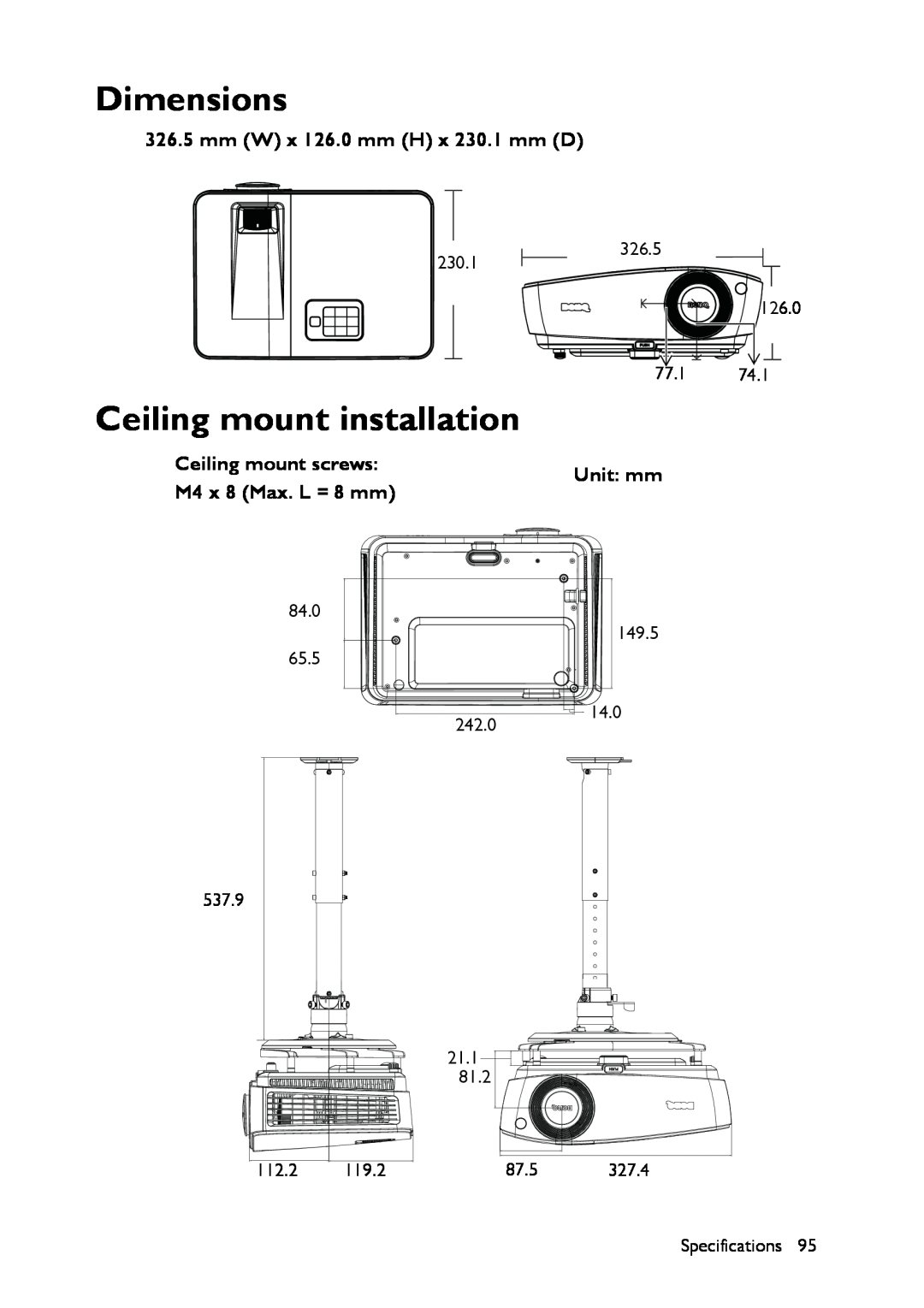 BenQ MX661 Dimensions, Ceiling mount installation, mm W x 126.0 mm H x 230.1 mm D, Ceiling mount screws, Unit mm 