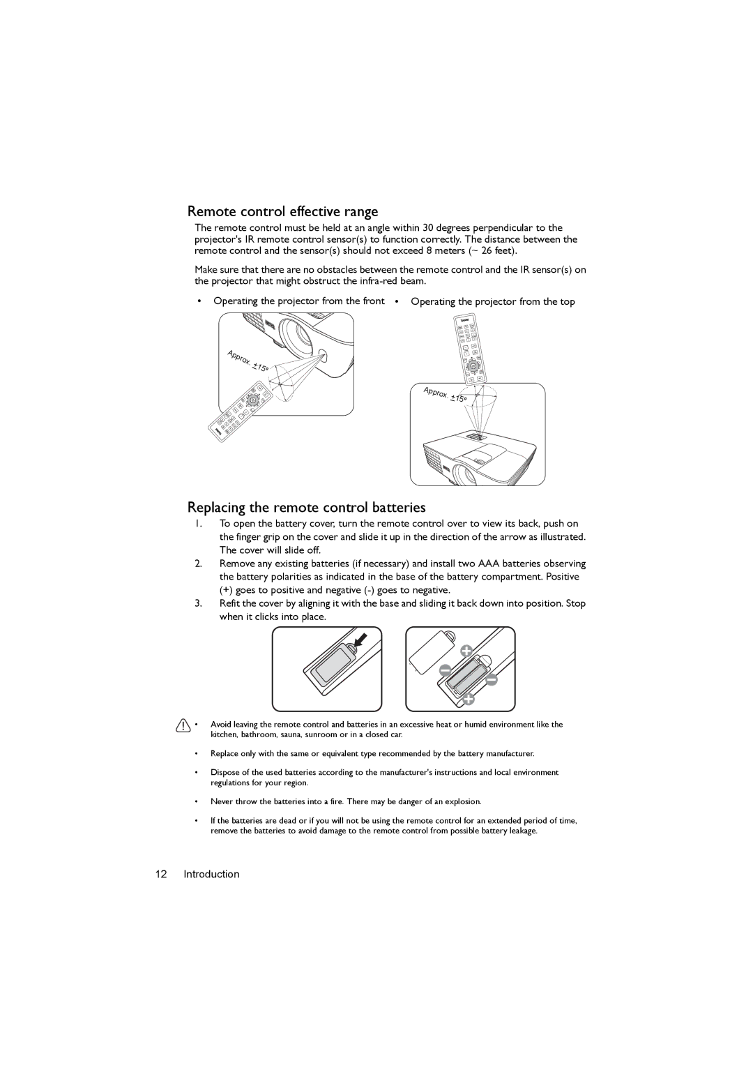 BenQ MX662 user manual Remote control effective range, Replacing the remote control batteries 