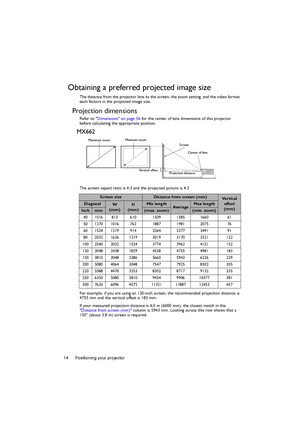 BenQ MX662 user manual Obtaining a preferred projected image size, Projection dimensions, Max length Offset Inch 