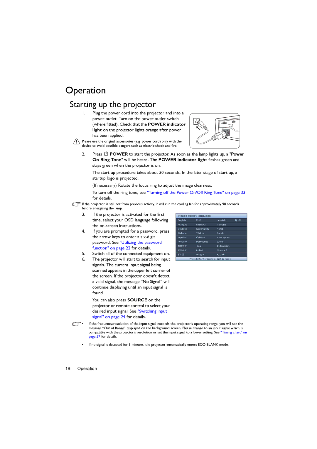 BenQ MX662 user manual Operation, Starting up the projector 