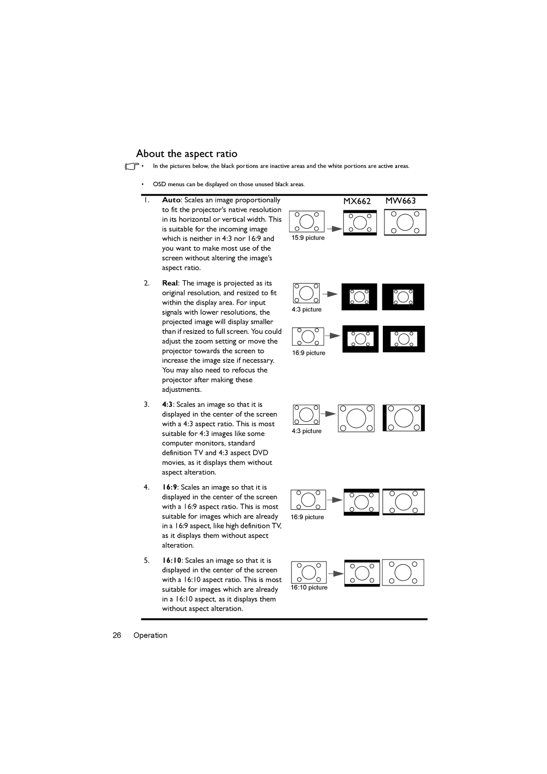 BenQ user manual About the aspect ratio, MX662 MW663 