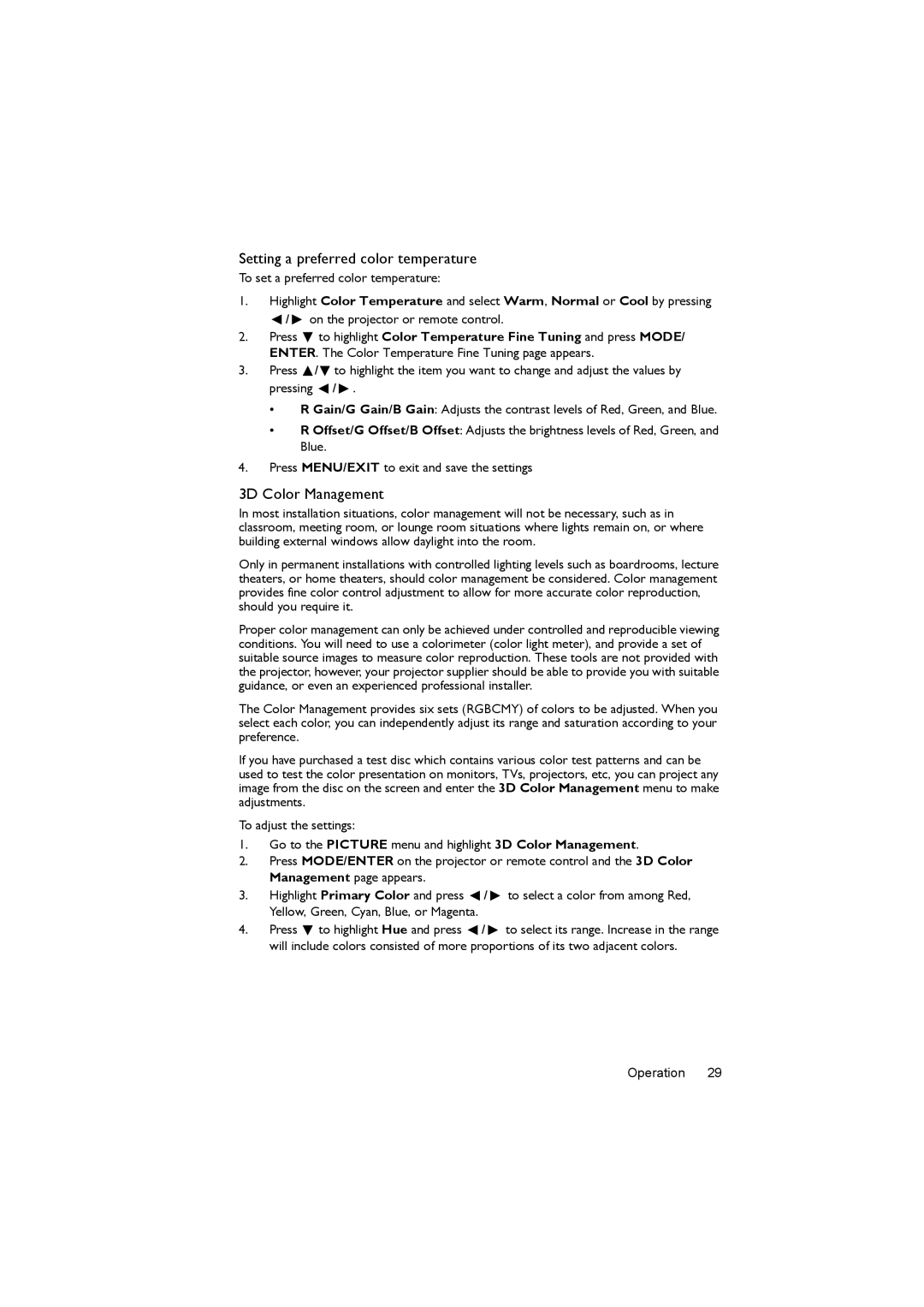 BenQ MX662 user manual Setting a preferred color temperature, 3D Color Management 