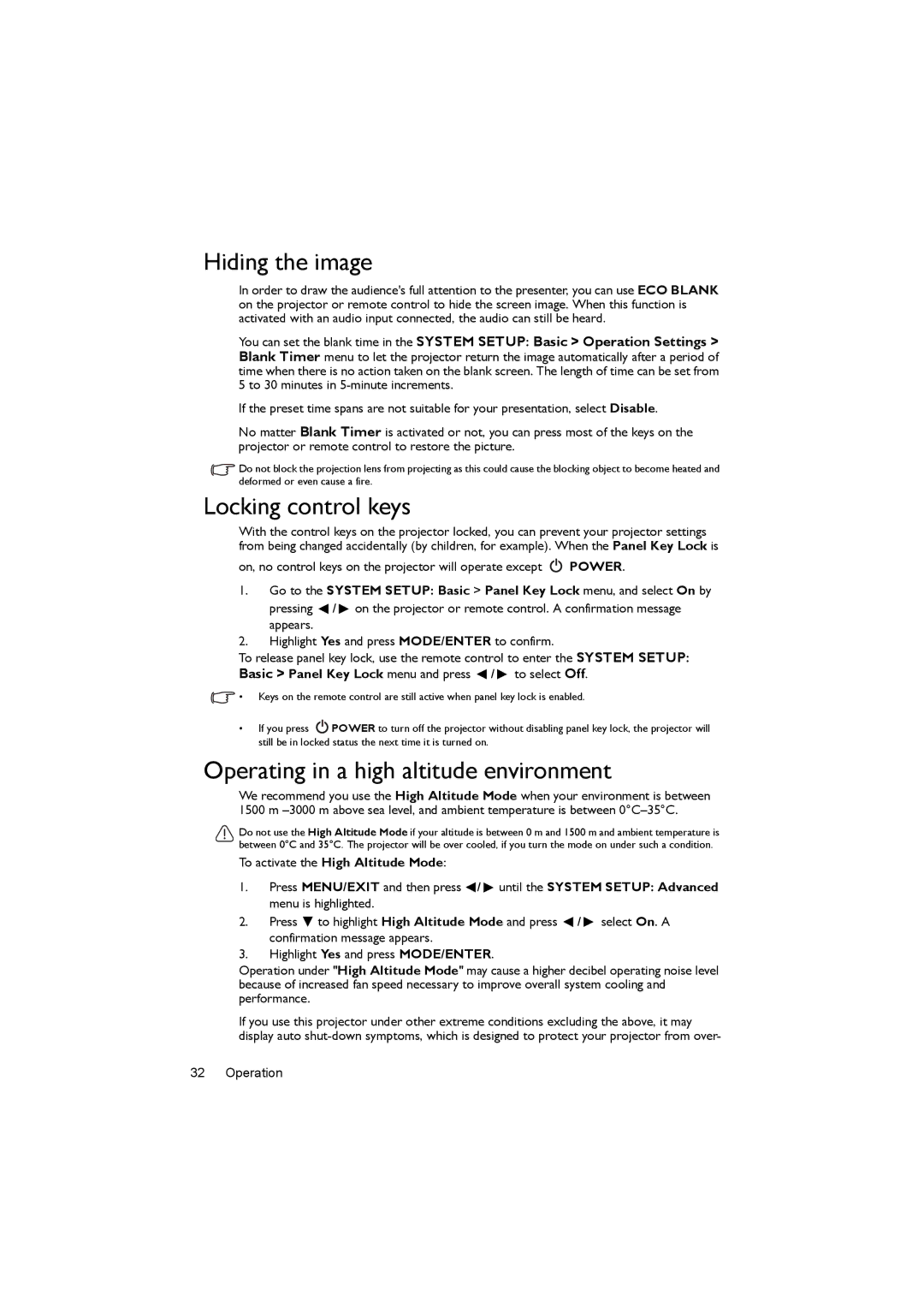 BenQ MX662 user manual Hiding the image, Locking control keys, Operating in a high altitude environment 