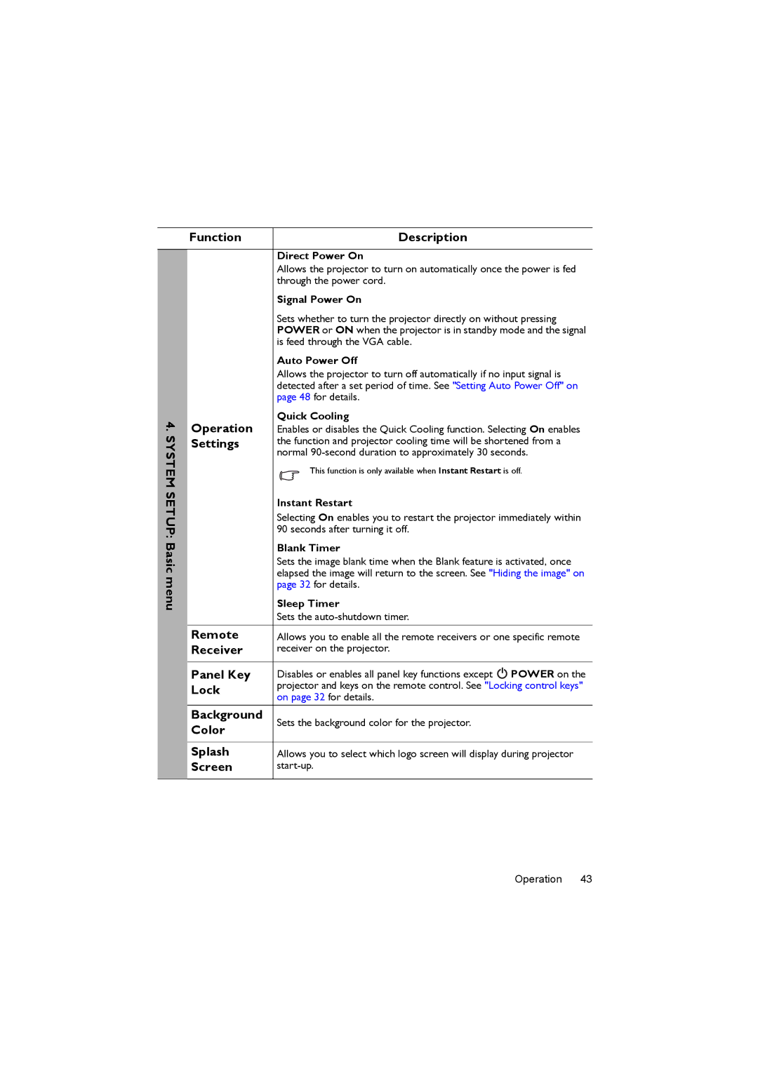 BenQ MX662 System Setup Basic menu Function Description, Operation, Remote, Receiver, Panel Key, Lock, Background, Screen 