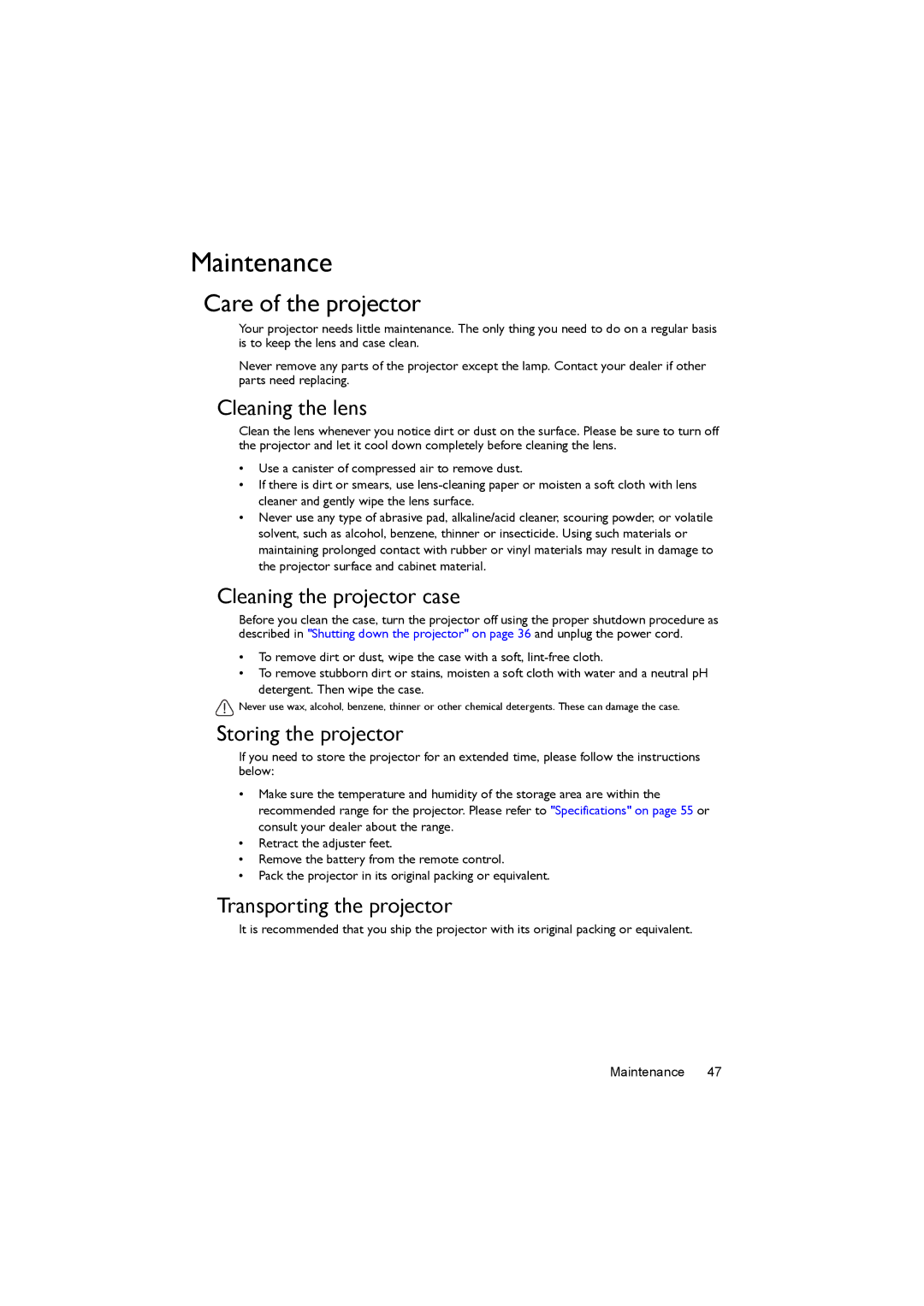 BenQ MX662 user manual Maintenance, Care of the projector 