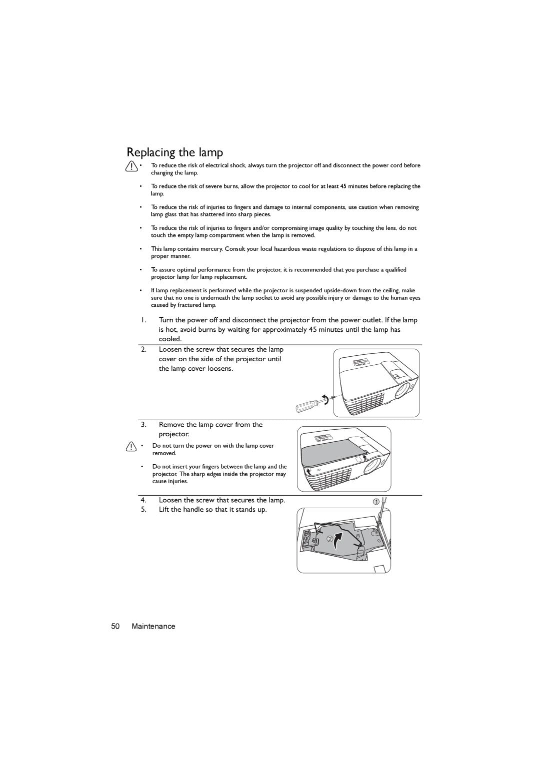 BenQ MX662 user manual Replacing the lamp 