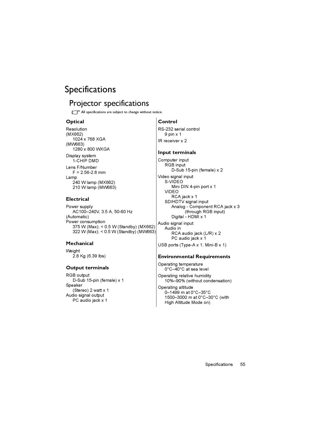 BenQ MX662 user manual Specifications, Projector specifications 