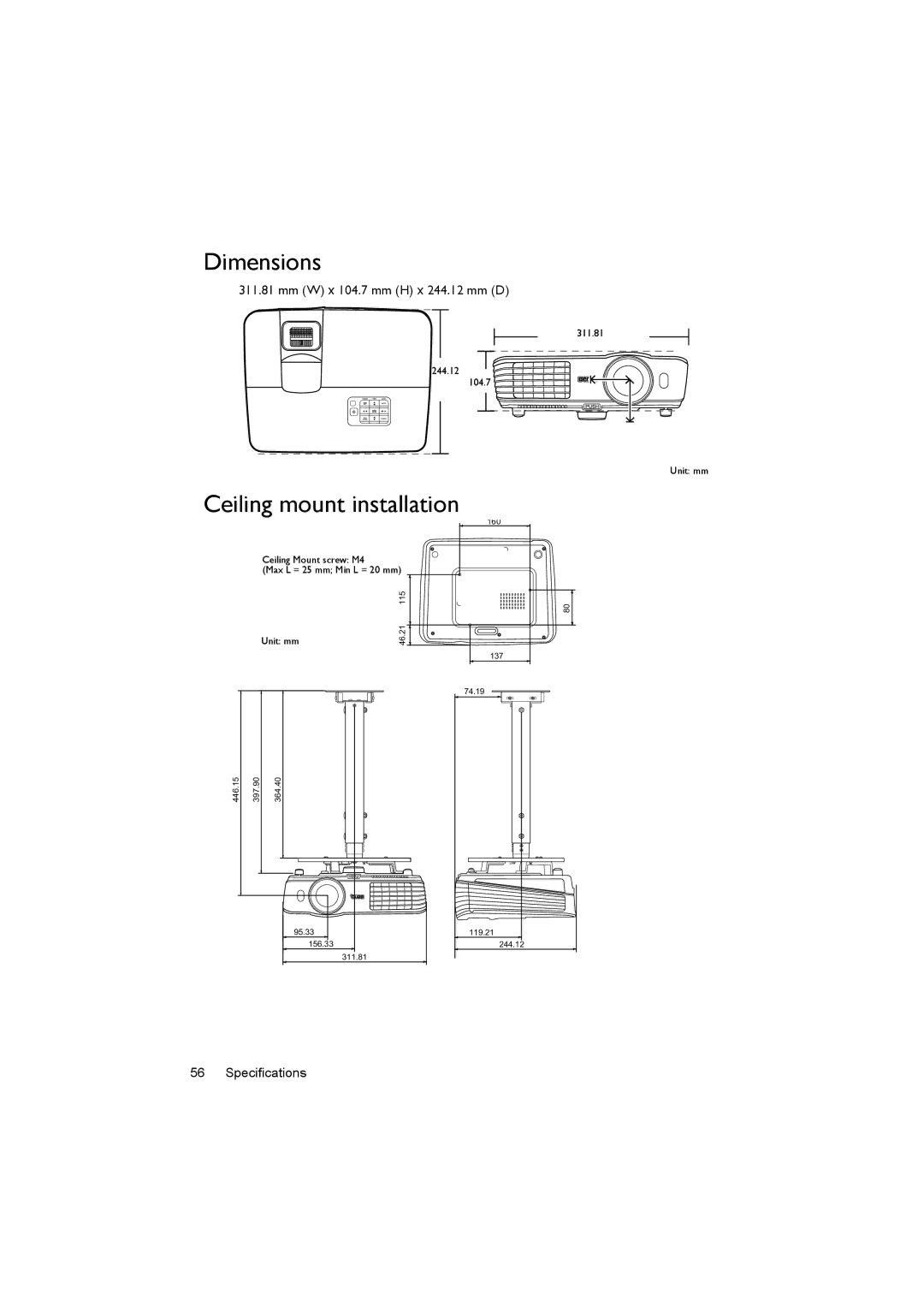 BenQ MX662 user manual Dimensions, Ceiling mount installation 