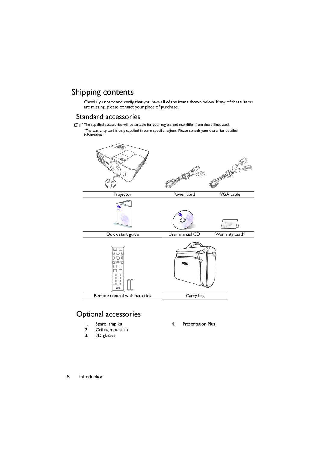 BenQ MX662 user manual Shipping contents 