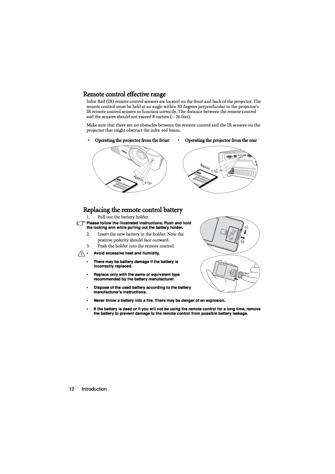 BenQ MX701 user manual Remote control effective range, Replacing the remote control battery 