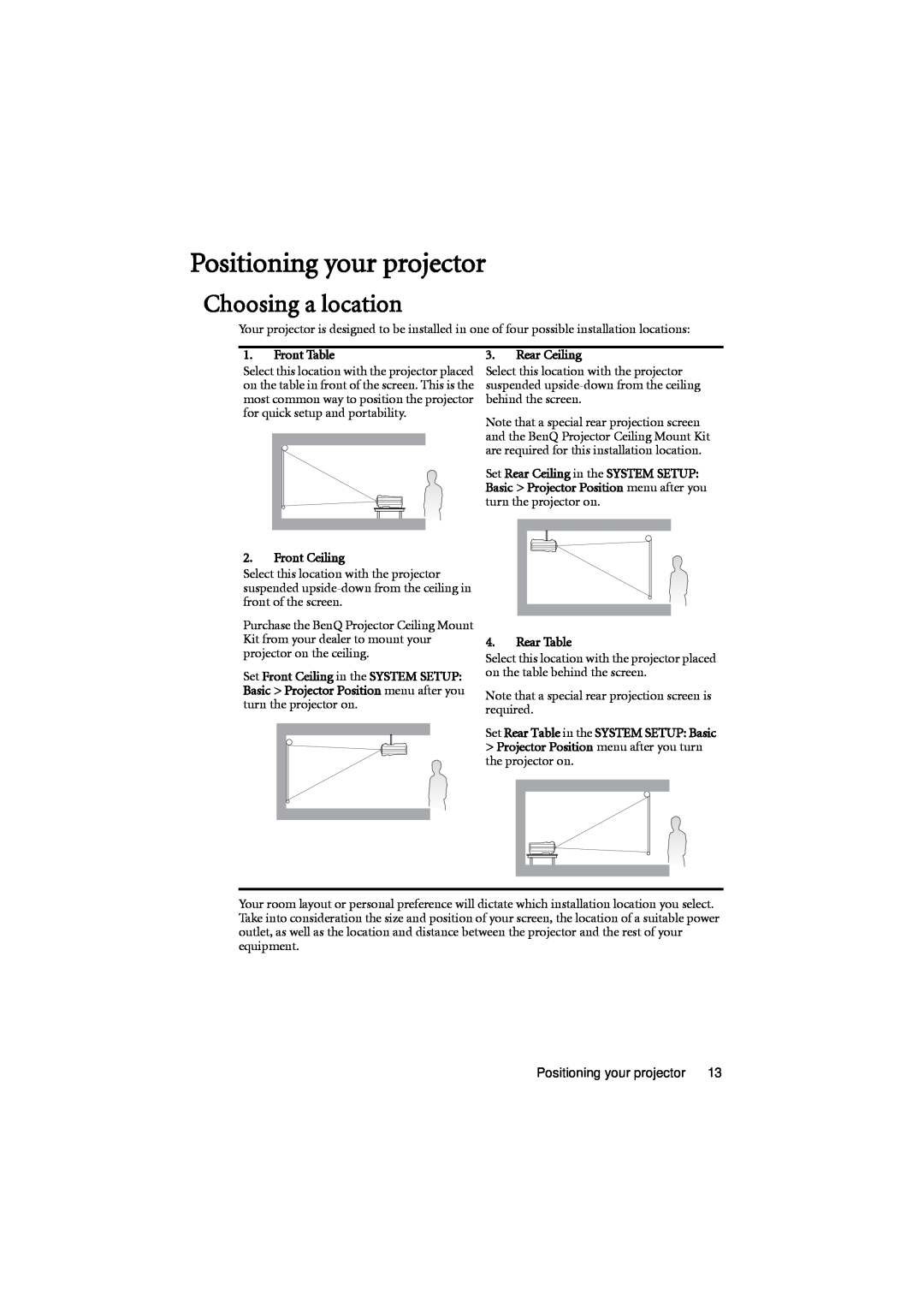BenQ MX701 user manual Positioning your projector, Choosing a location 