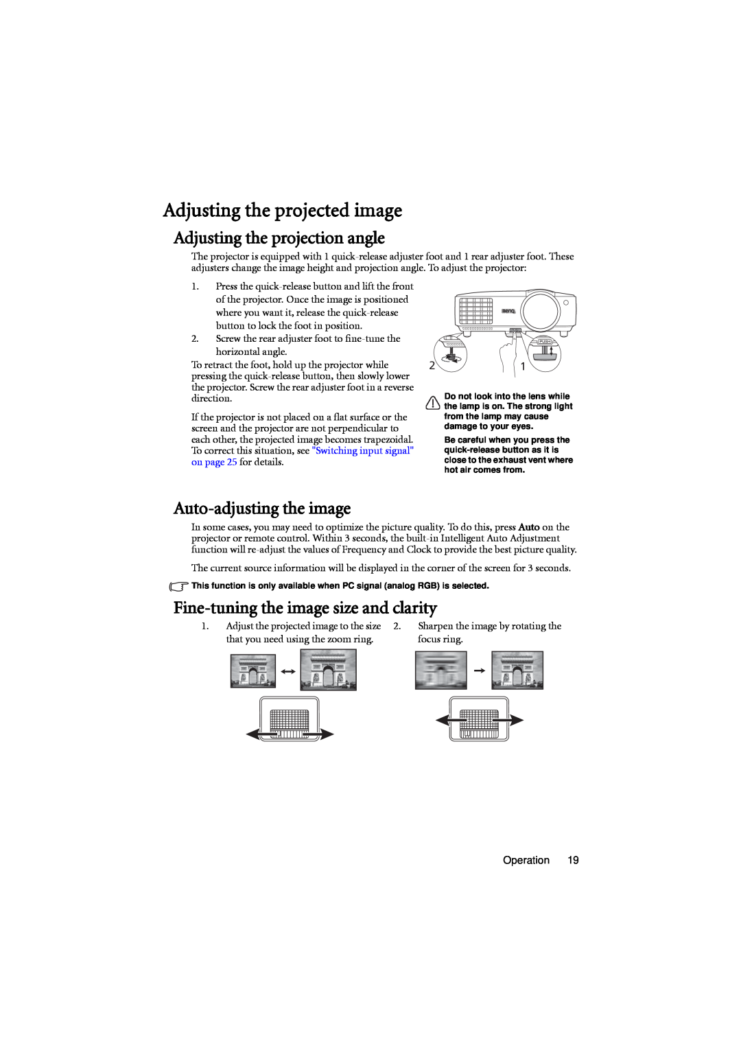 BenQ MX701 user manual Adjusting the projected image, Adjusting the projection angle, Auto-adjustingthe image 