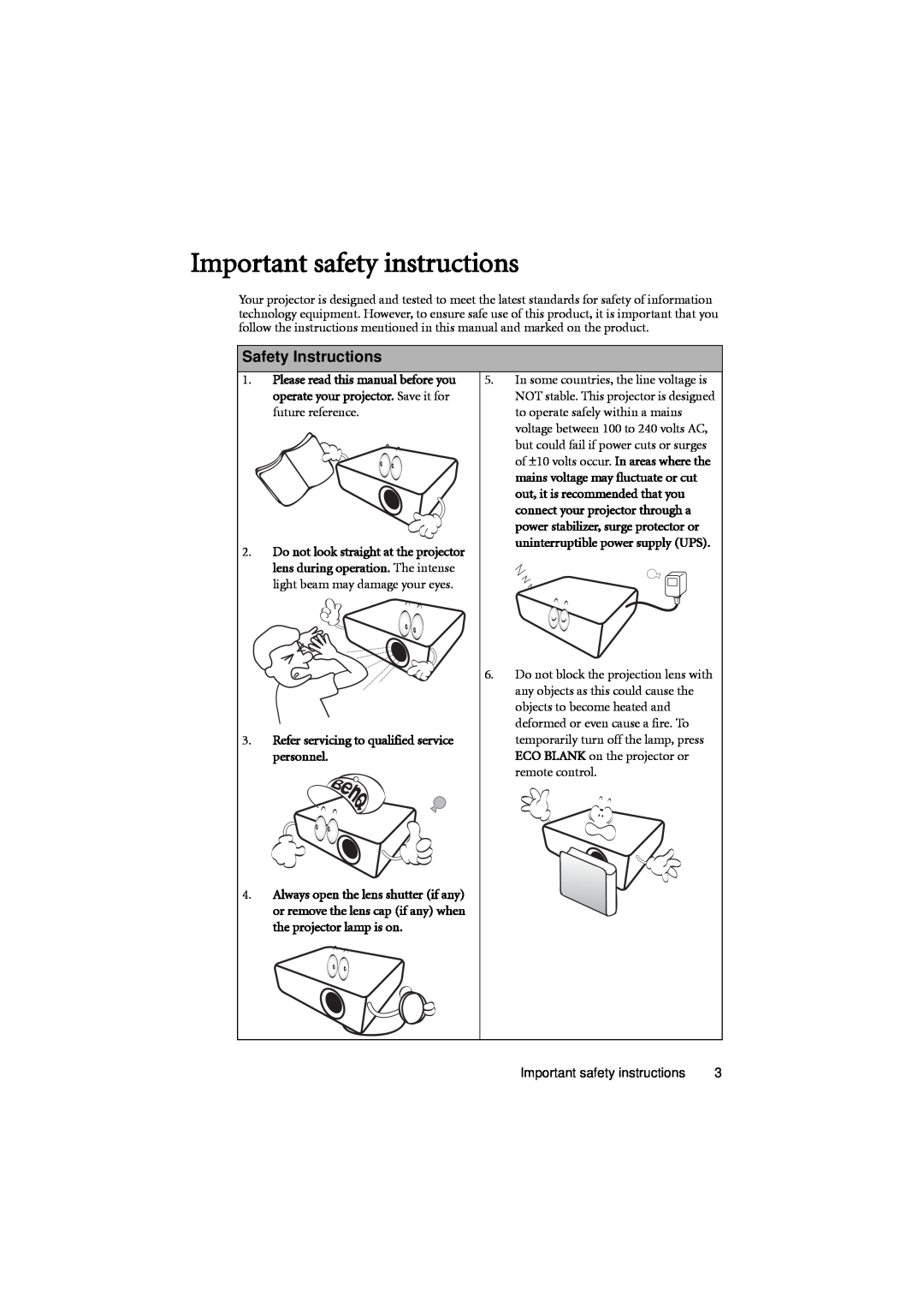 BenQ MX701 user manual Important safety instructions, Safety Instructions 