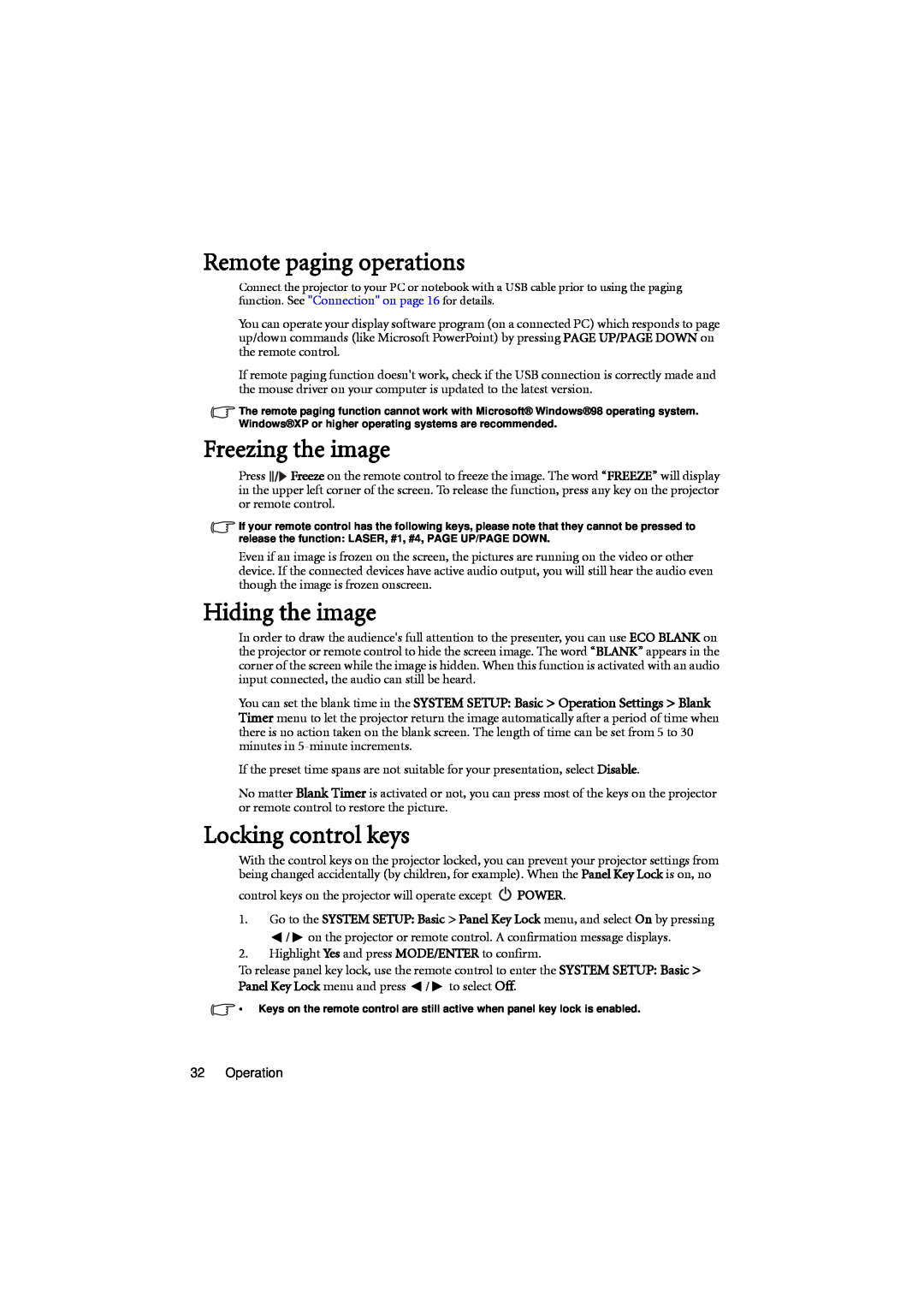 BenQ MX701 user manual Remote paging operations, Freezing the image, Hiding the image, Locking control keys 