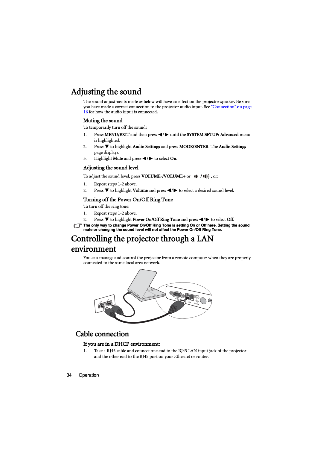 BenQ MX701 user manual Adjusting the sound, Cable connection 