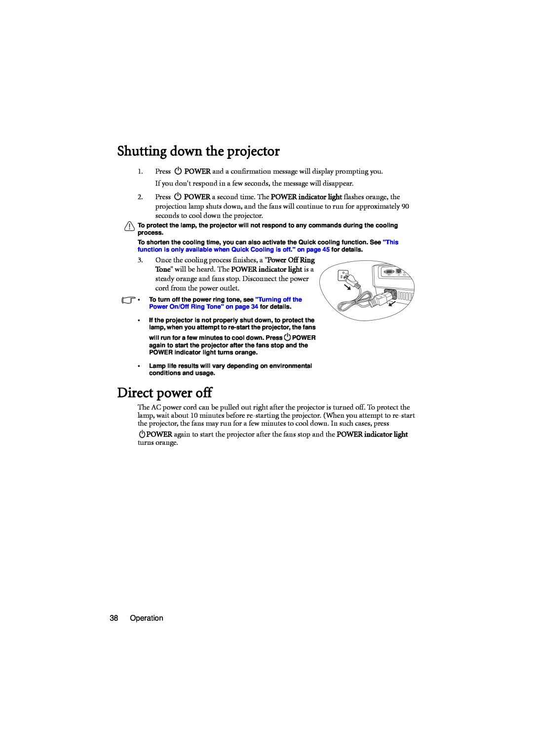 BenQ MX701 user manual Shutting down the projector, Direct power off 