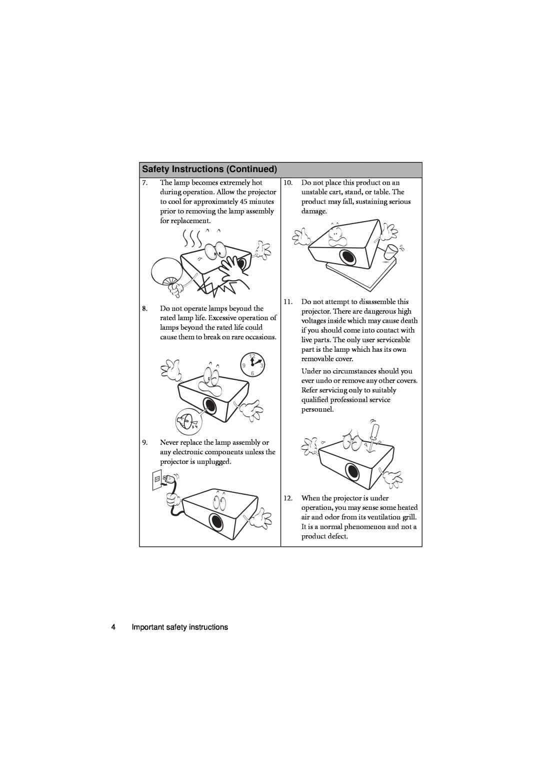 BenQ MX701 user manual Safety Instructions Continued 