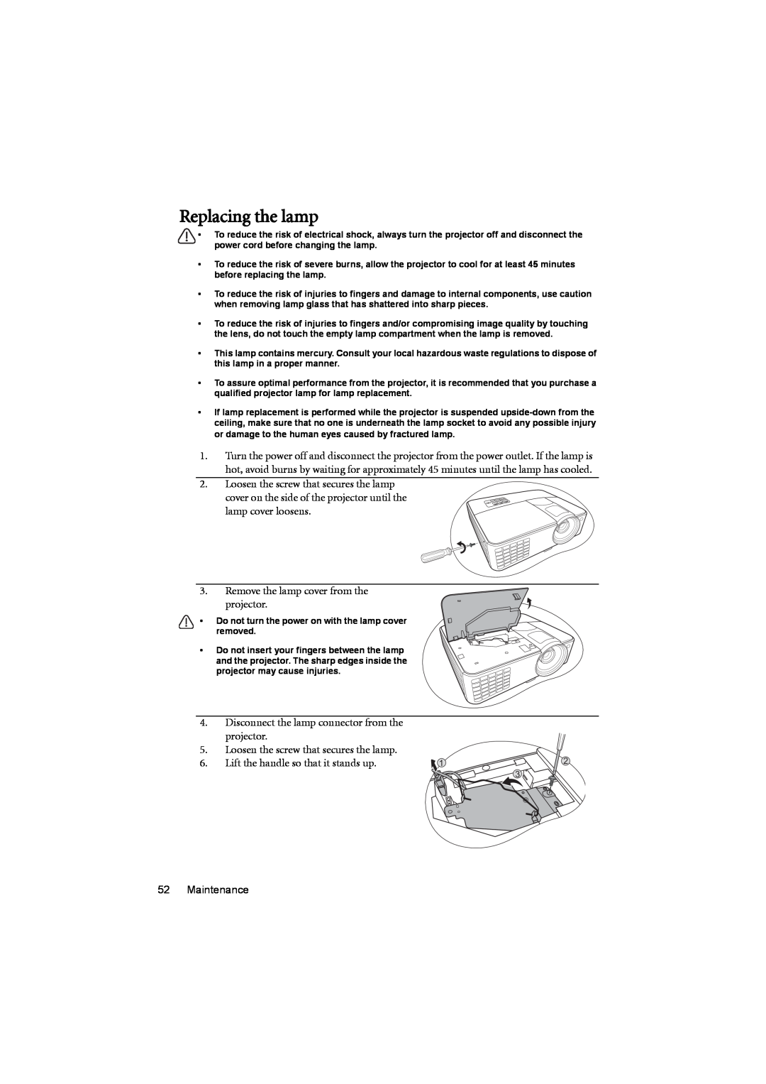 BenQ MX701 user manual Replacing the lamp, Loosen the screw that secures the lamp, Remove the lamp cover from the projector 