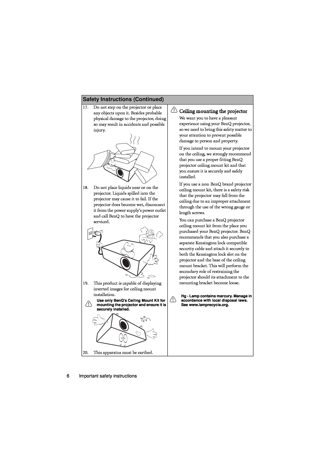 BenQ MX701 user manual Ceiling mounting the projector 