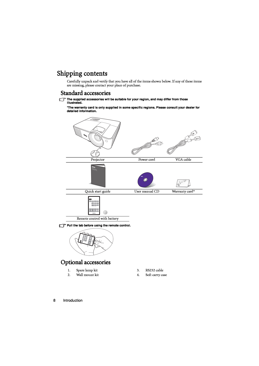 BenQ MX701 user manual Shipping contents, Standard accessories, Optional accessories 