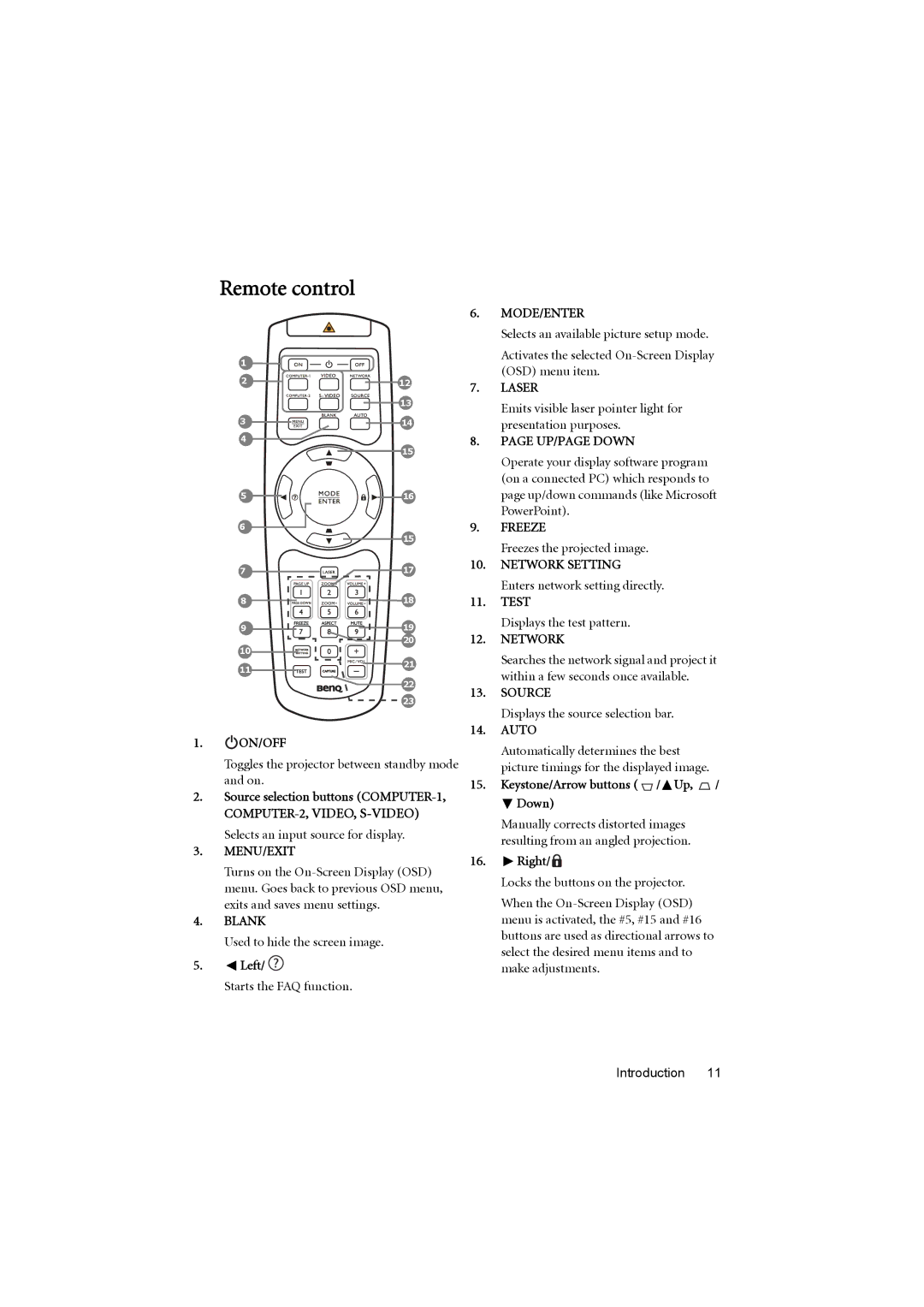 BenQ MX710, MX711 user manual Remote control, Test, Keystone/Arrow buttons / Up Down 