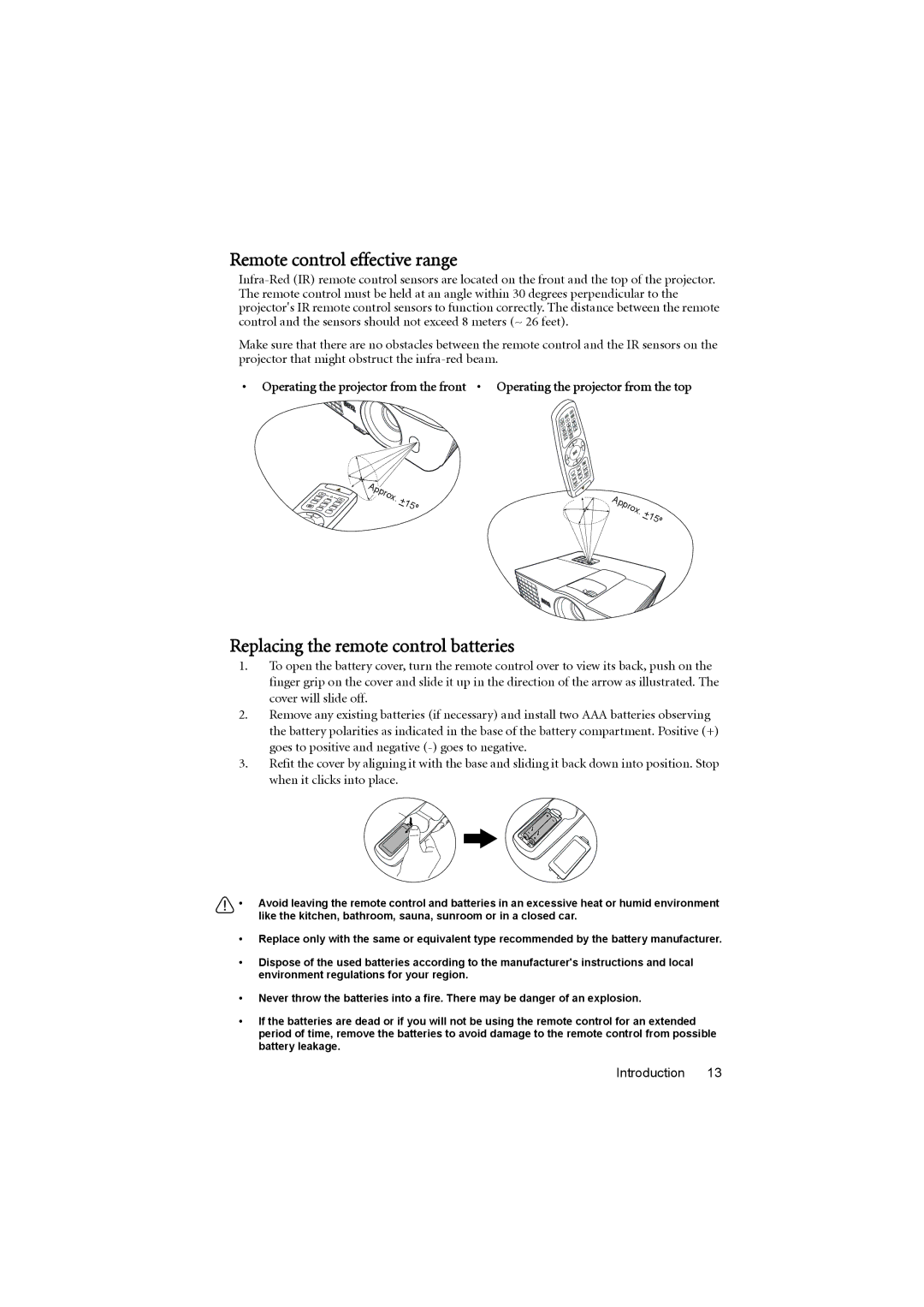 BenQ MX710, MX711 user manual Remote control effective range, Replacing the remote control batteries, Ppr 15º 