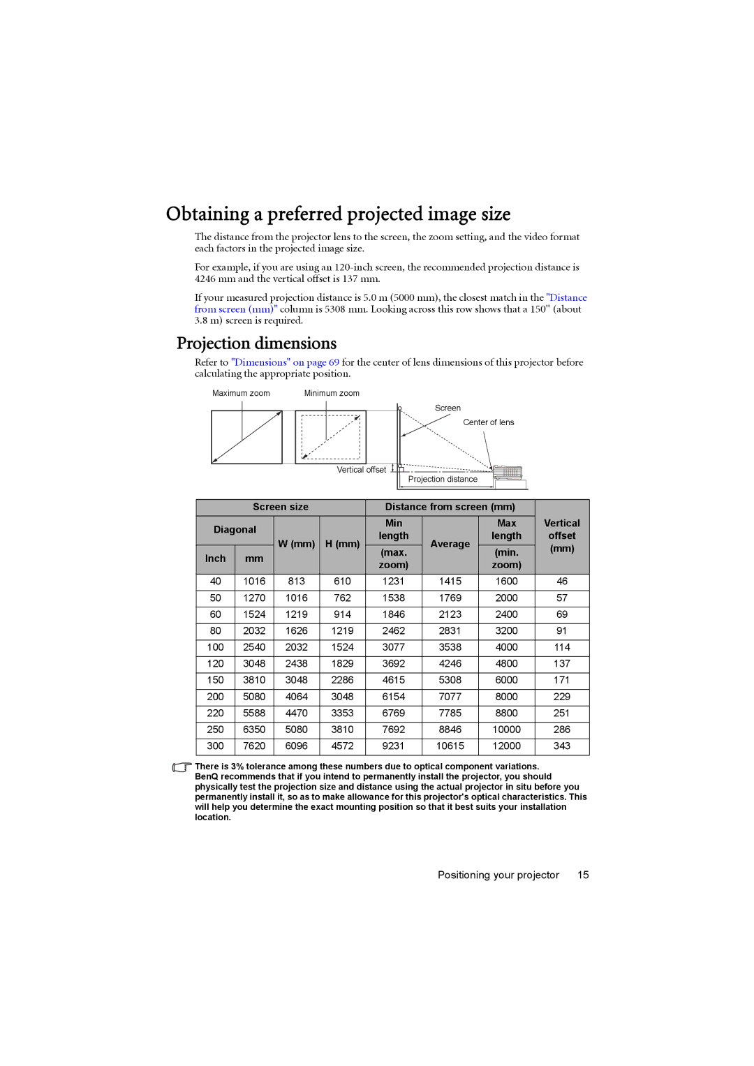 BenQ MX710 Obtaining a preferred projected image size, Projection dimensions, Screen size Distance from screen mm Diagonal 