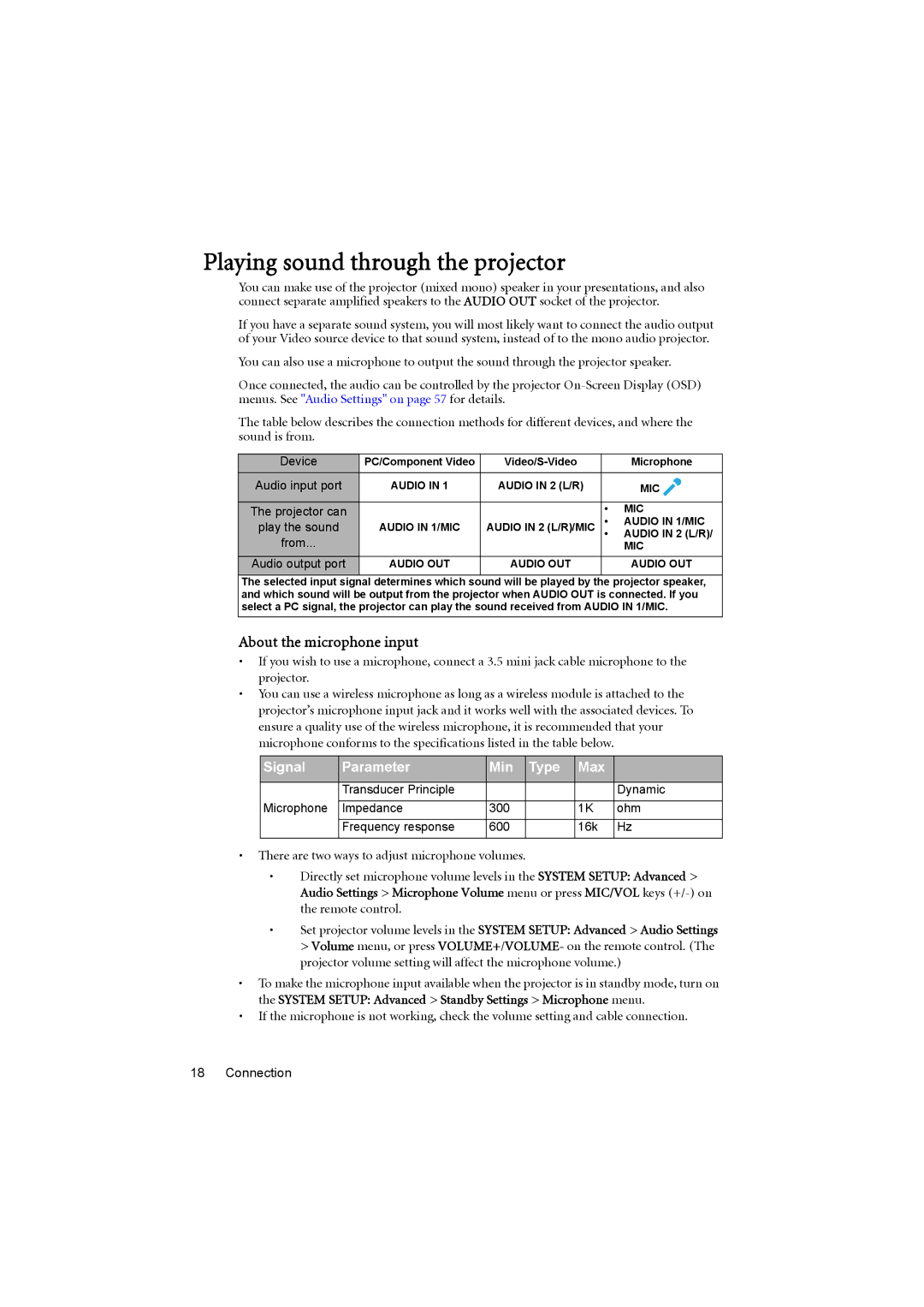 BenQ MX711, MX710 user manual Playing sound through the projector, About the microphone input 